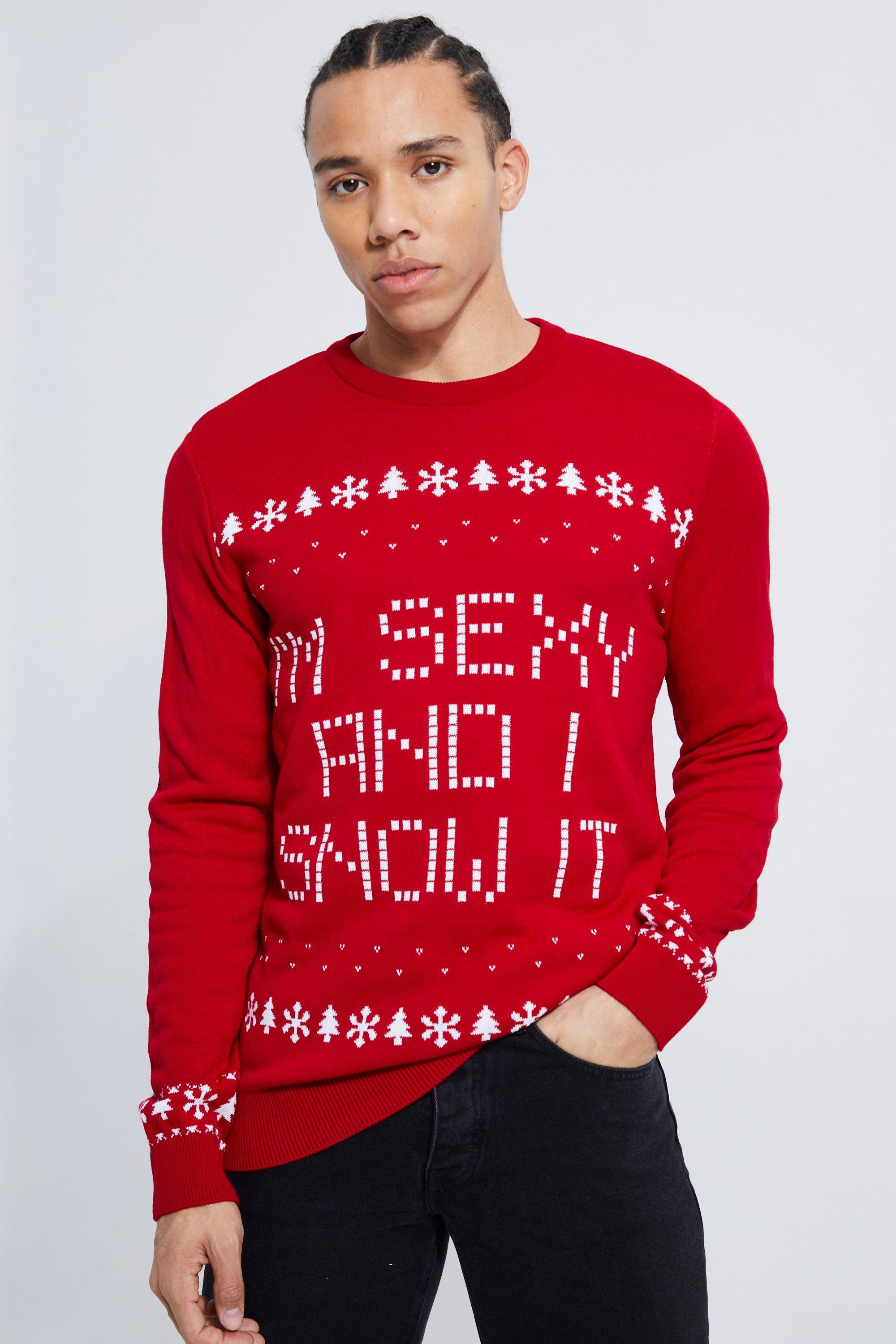 Mens Red Tall I’m Sexy And I Snow It Christmas Jumper, Red