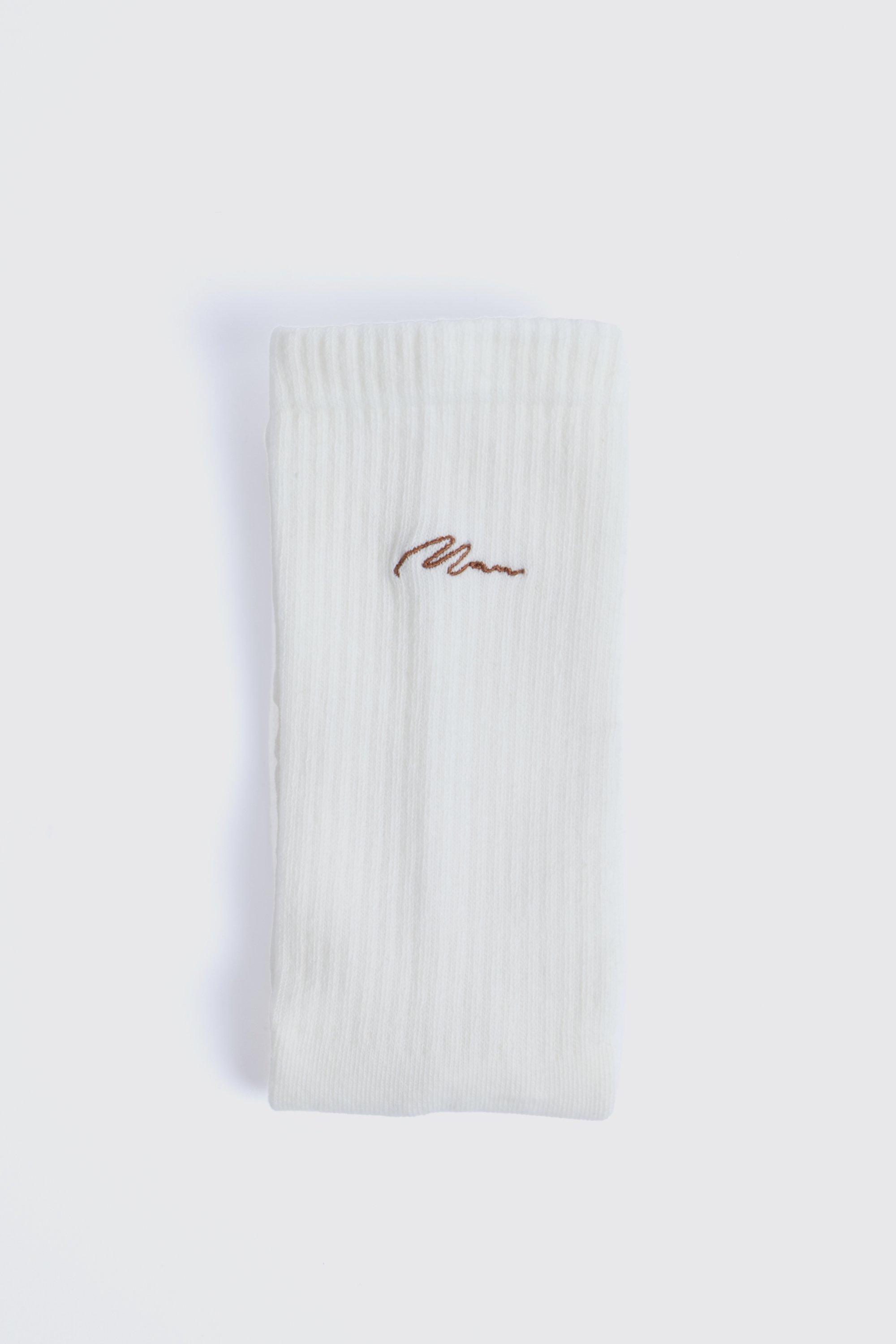 Mens Cream Embroidered Man Signature Sock, Cream