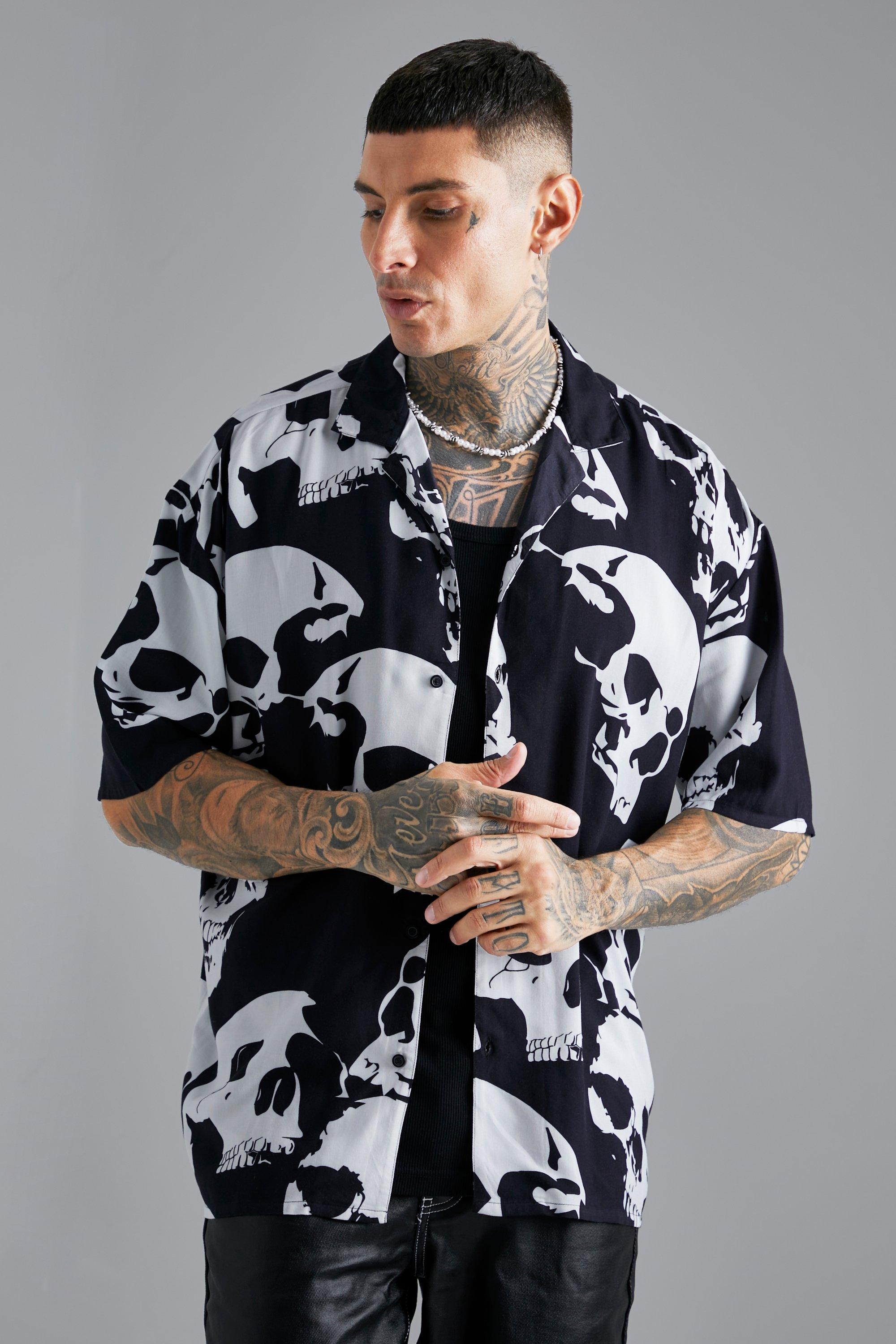 Mens Black Short Sleeve Viscose Skull Oversized Boxy Shirt, Black