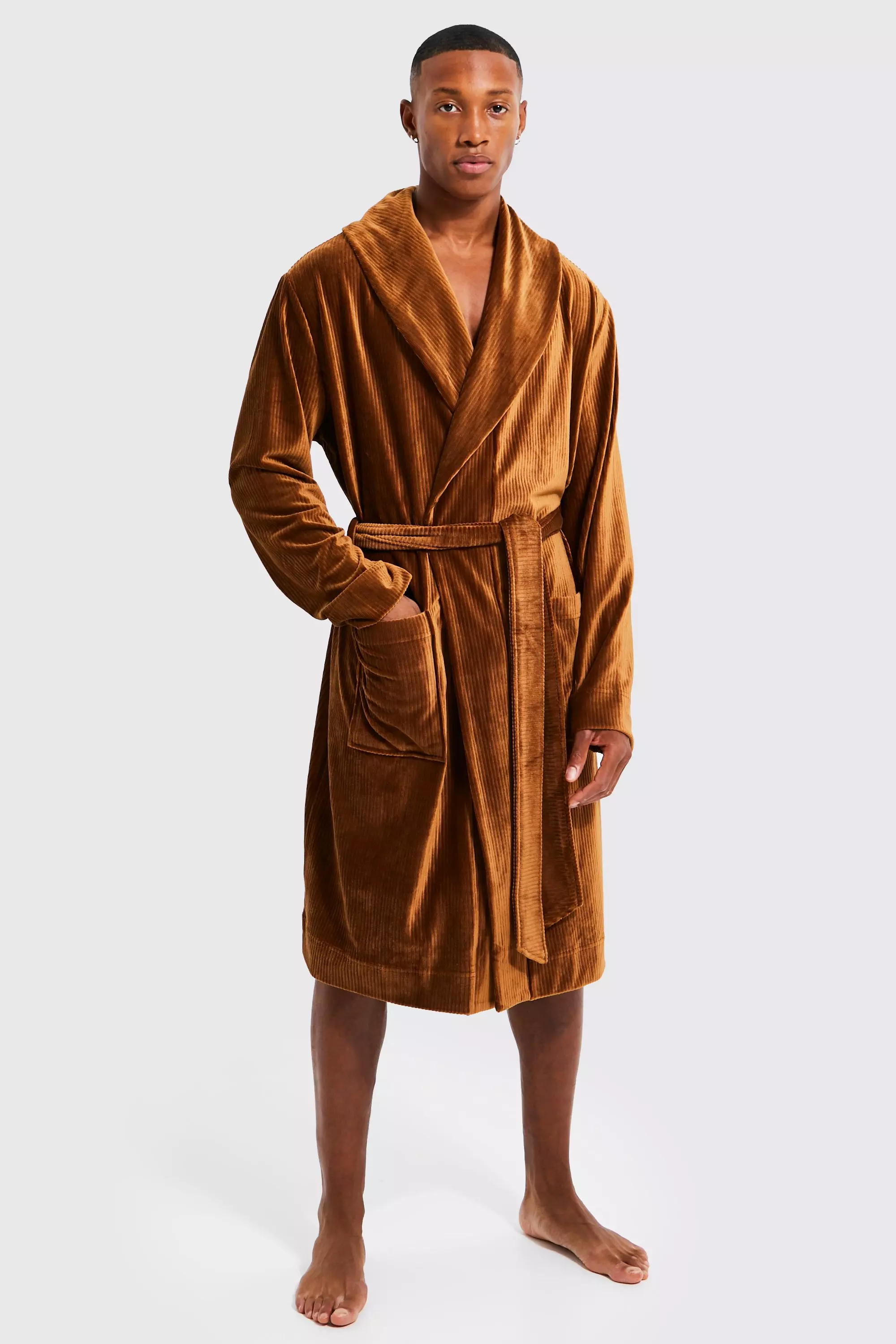 Soft Stripe Fleece Shawl Collar Dressing Gown