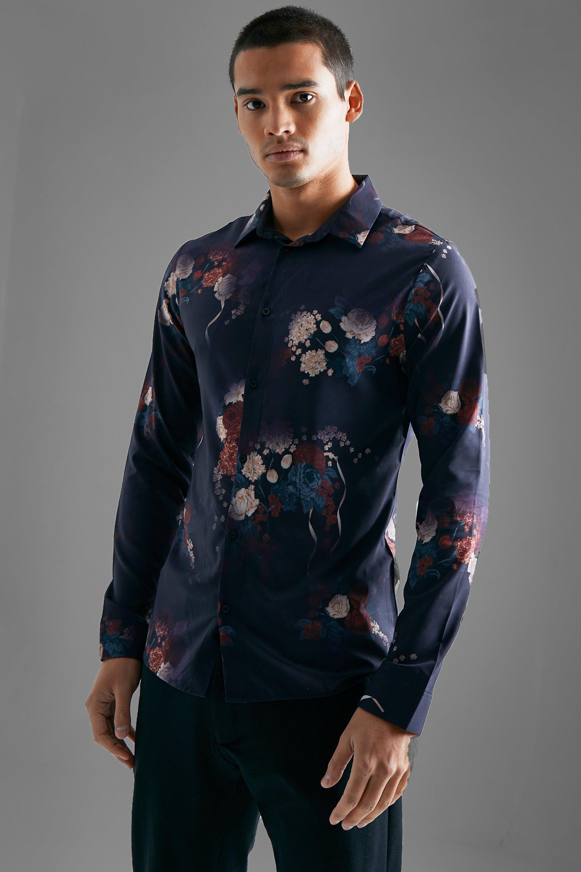 Men's Long Sleeve Muscle Floral Shirt - Purple - S, Purple