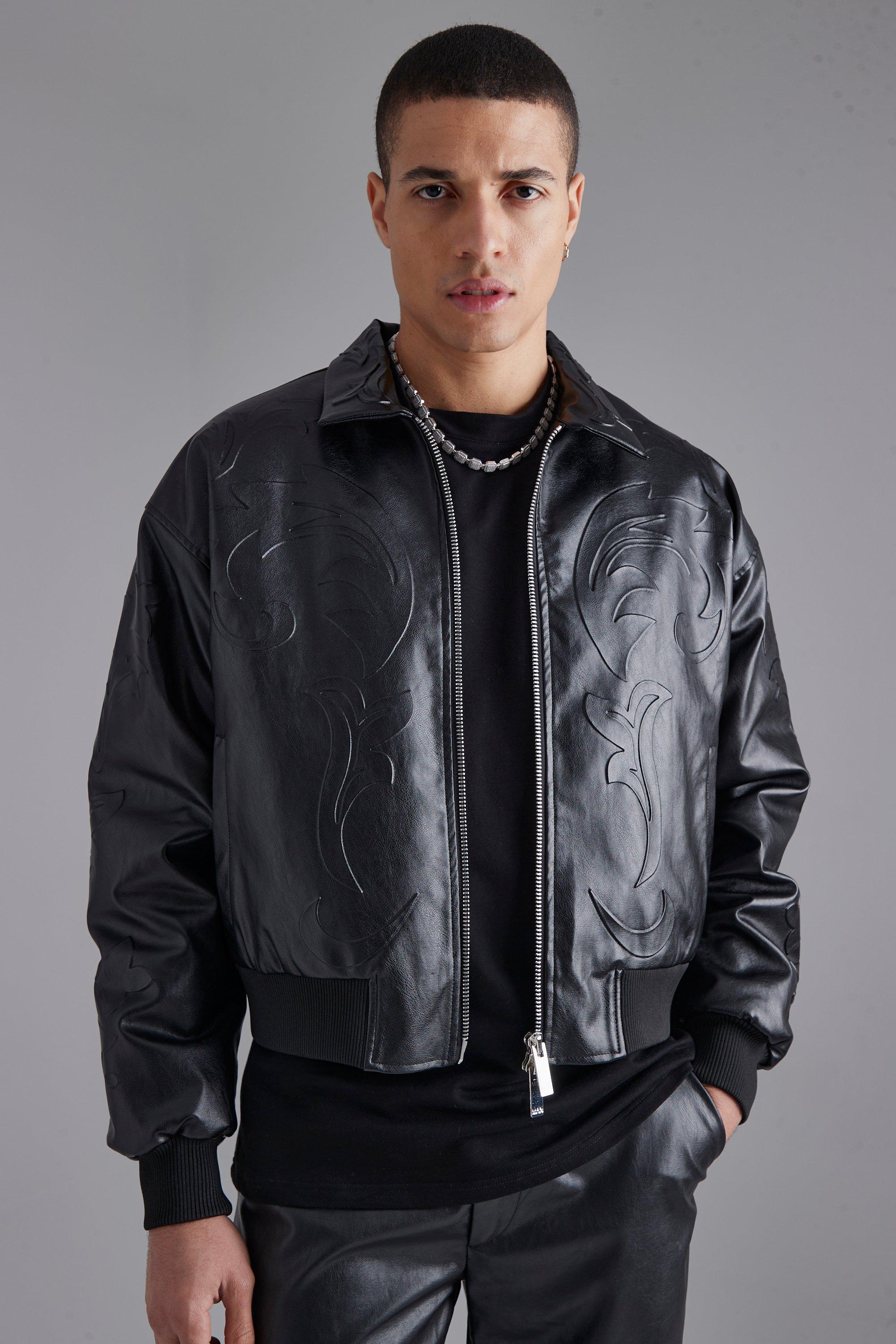 Mens Black Embossed Pu Baroque Boxy Bomber Jacket, Black