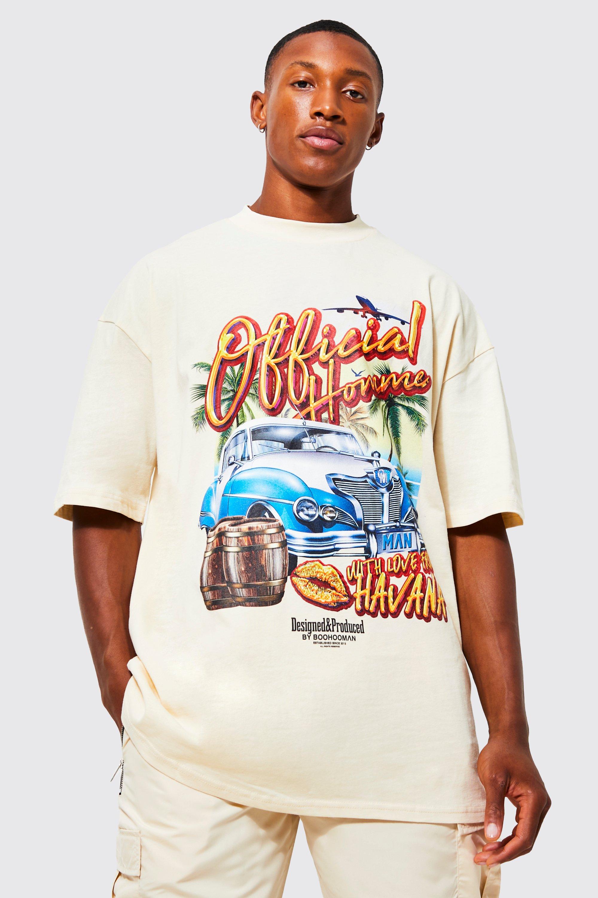 Mens Beige Oversized Extended Neck Car Graphic T-shirt, Beige