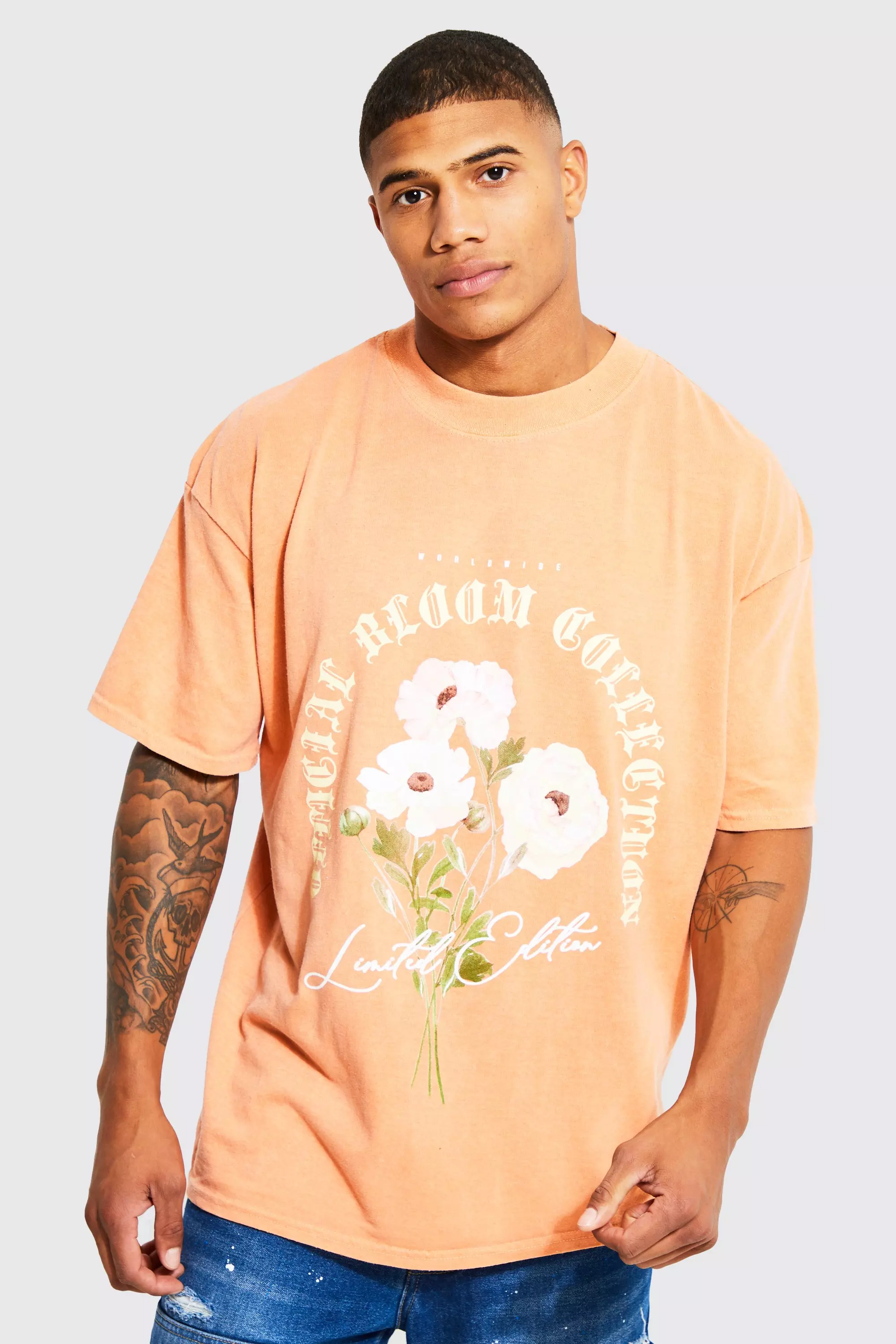 Oversized Extended Neck Floral Print T-shirt | boohooMAN USA