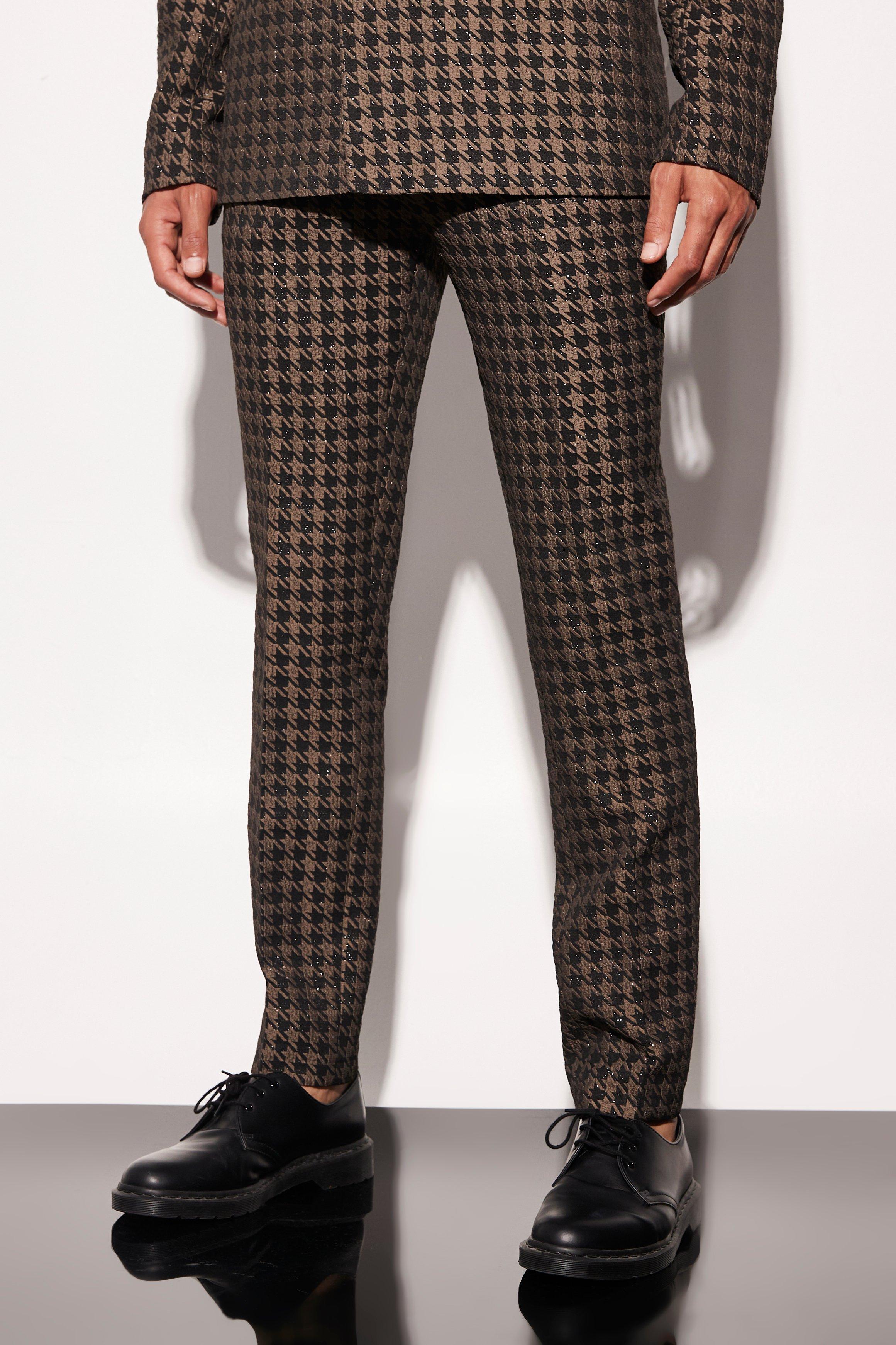 Mens Brown Tall Skinny Fit Dogtooth Crop Suit Trousers, Brown