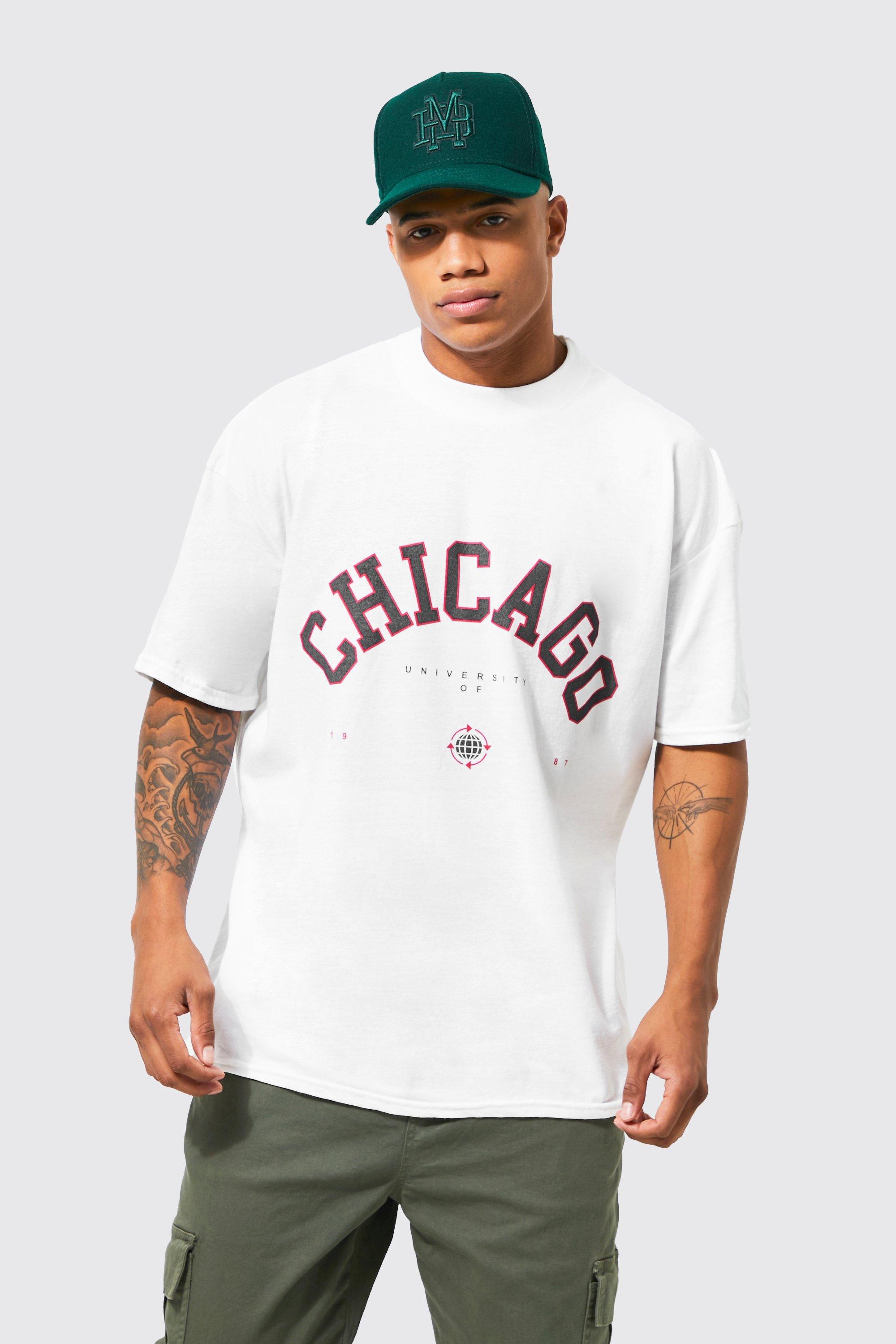 Mens White Oversized Chicago Print T-shirt, White