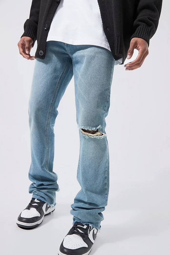 Skinny Stacked Flare Jeans With Knee Rip | boohooMAN USA