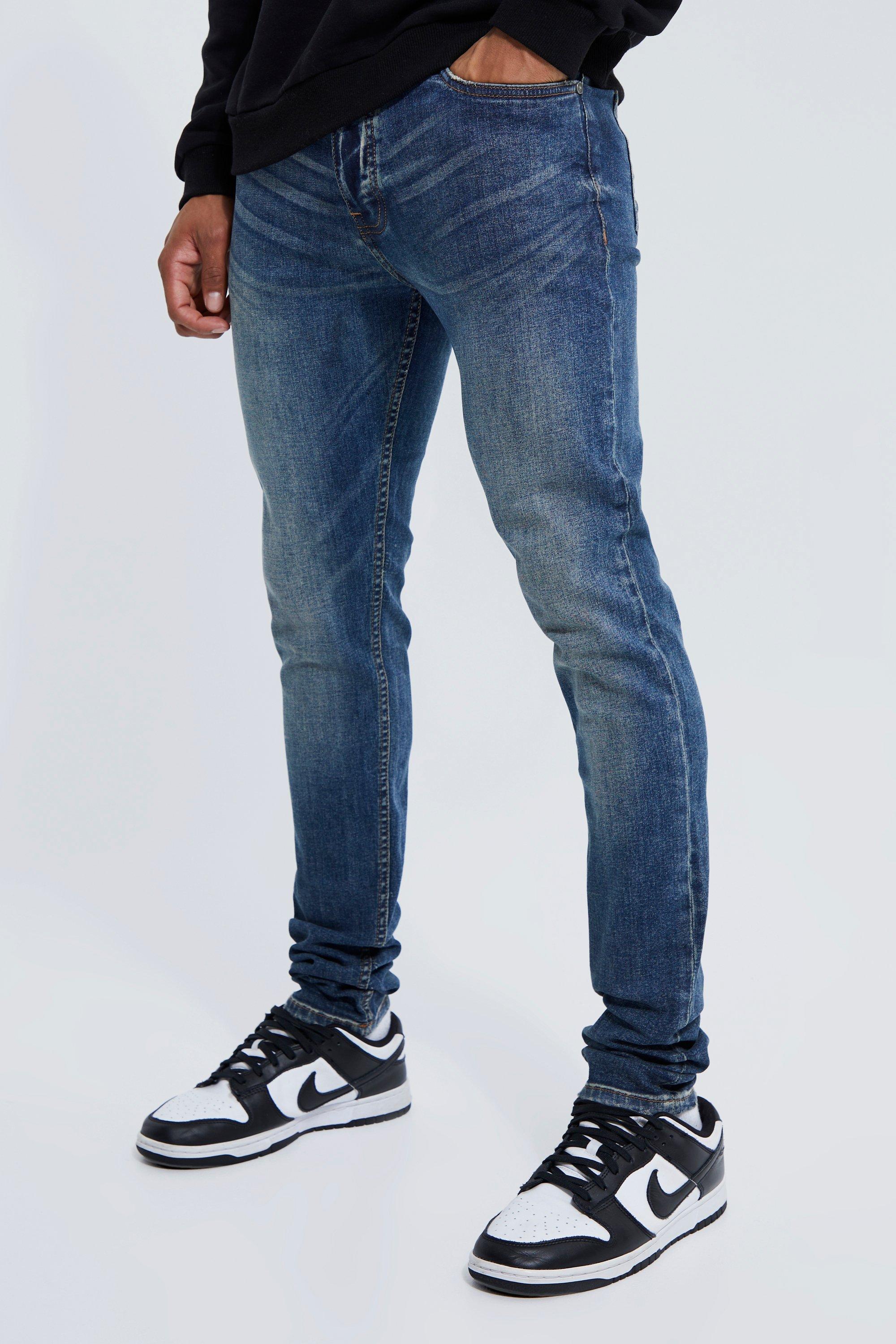 Mens Blue Skinny Stretch Stacked Jeans, Blue