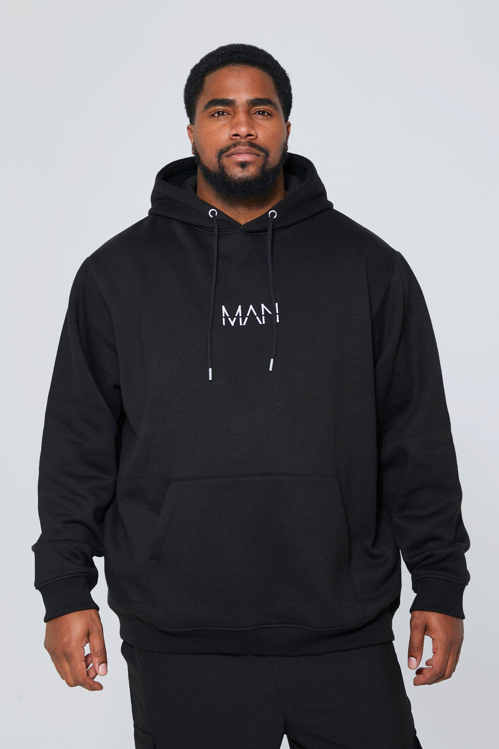 Mens Black Plus Basic Over The Head Man Dash Hoodie, Black