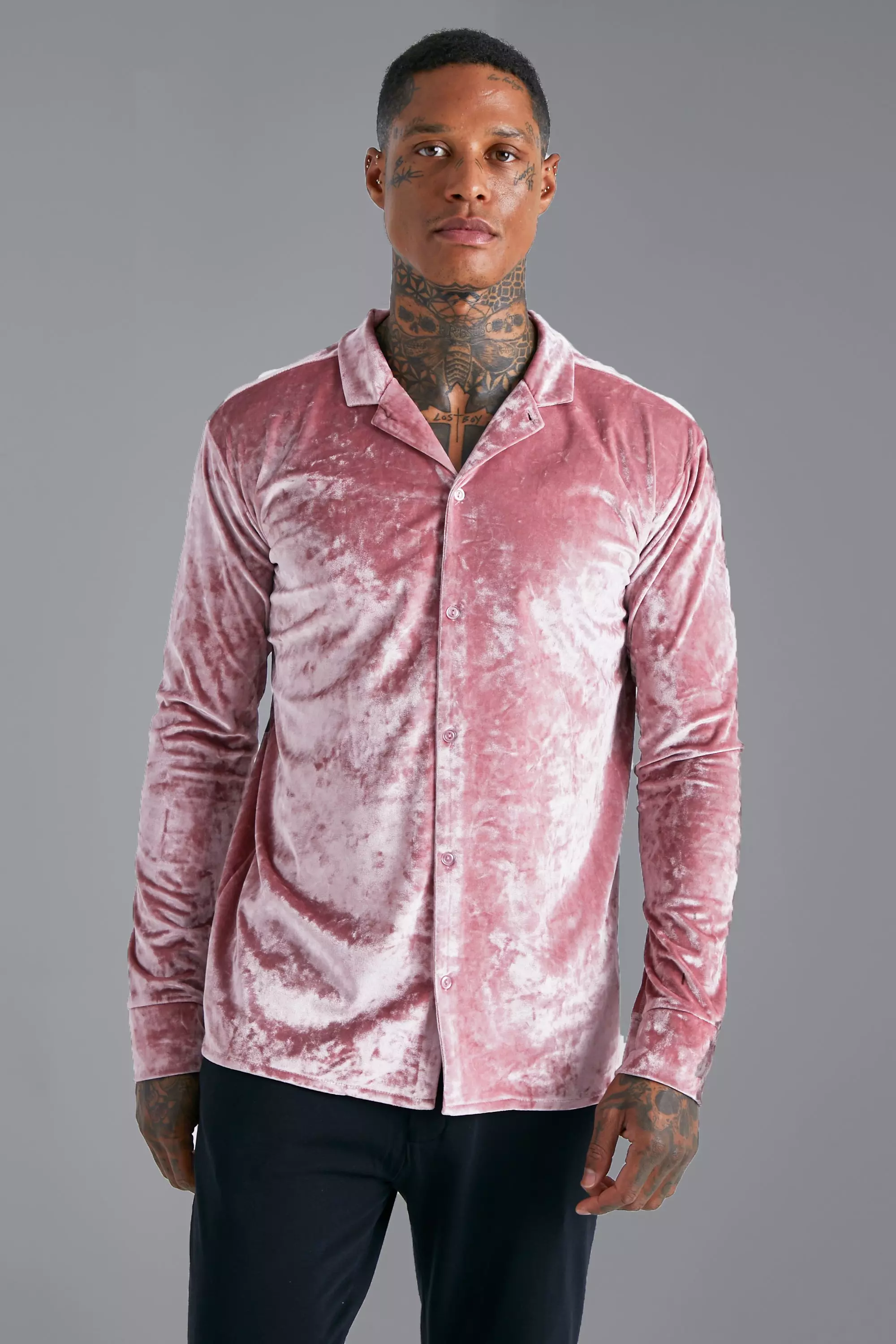 Long Sleeve Crushed Velvet Shirt | boohooMAN USA