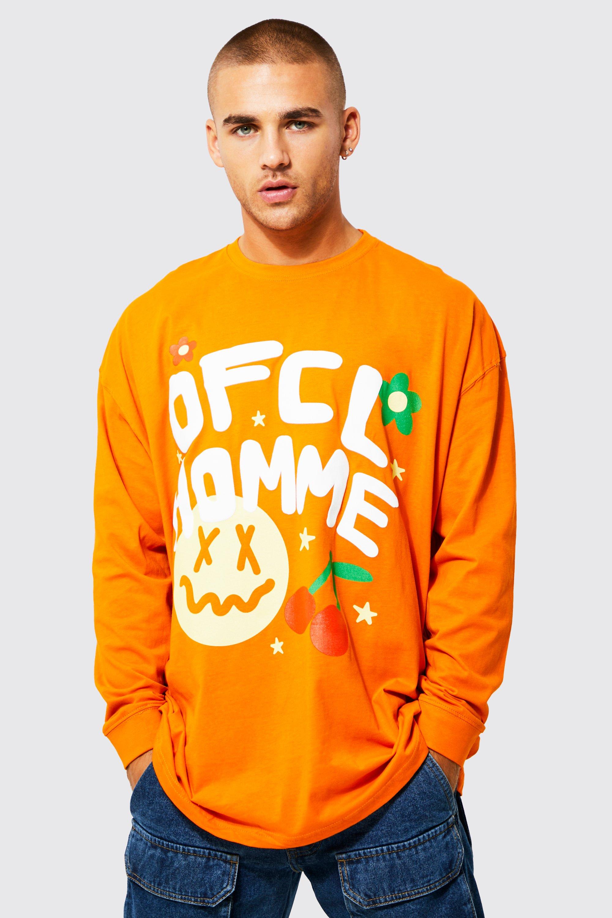 Mens Orange Oversized Doodle Graphic Long Sleeved T-shirt, Orange