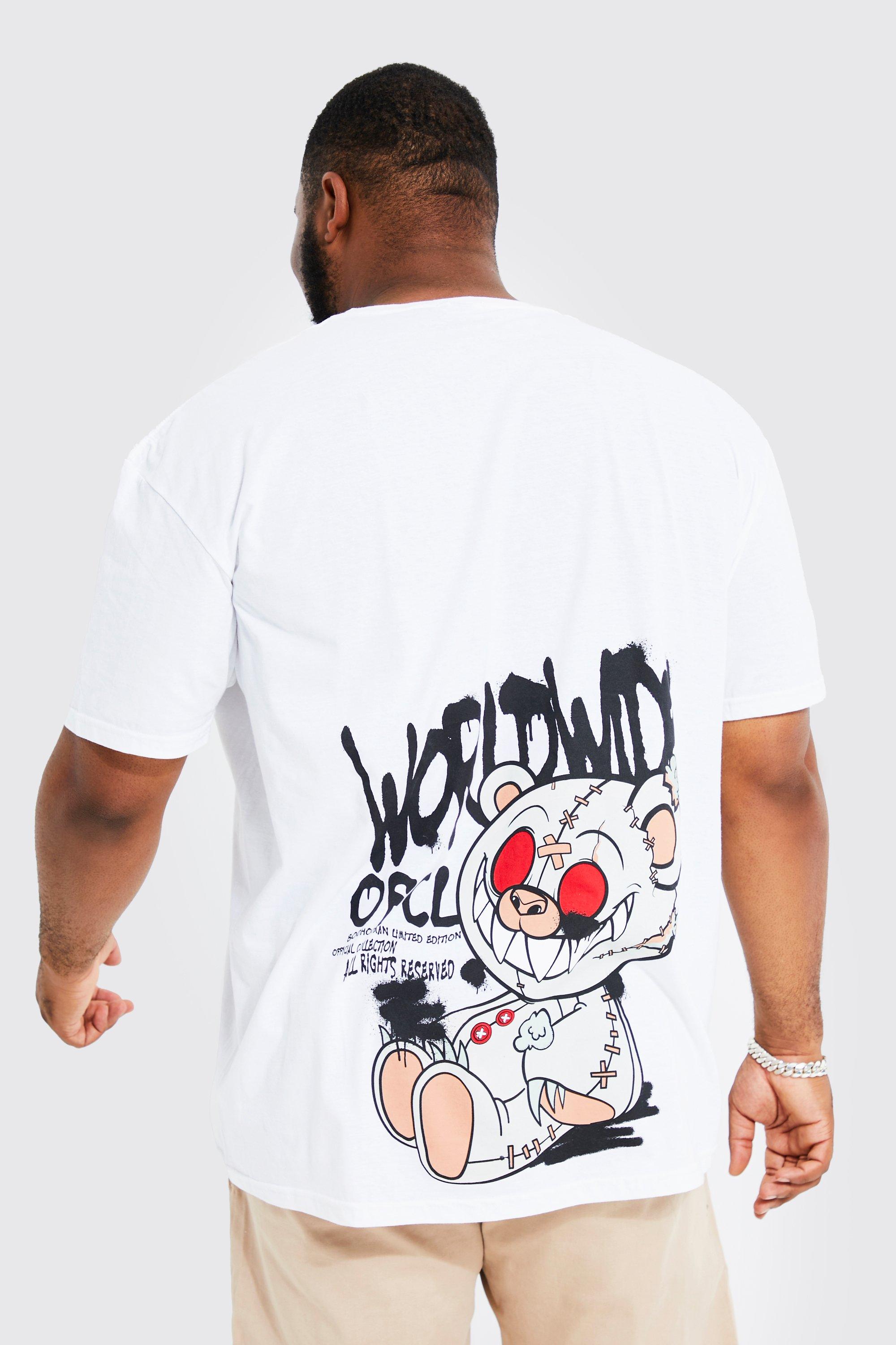 Mens White Plus Oversized Graffiti Teddy Back T-shirt, White