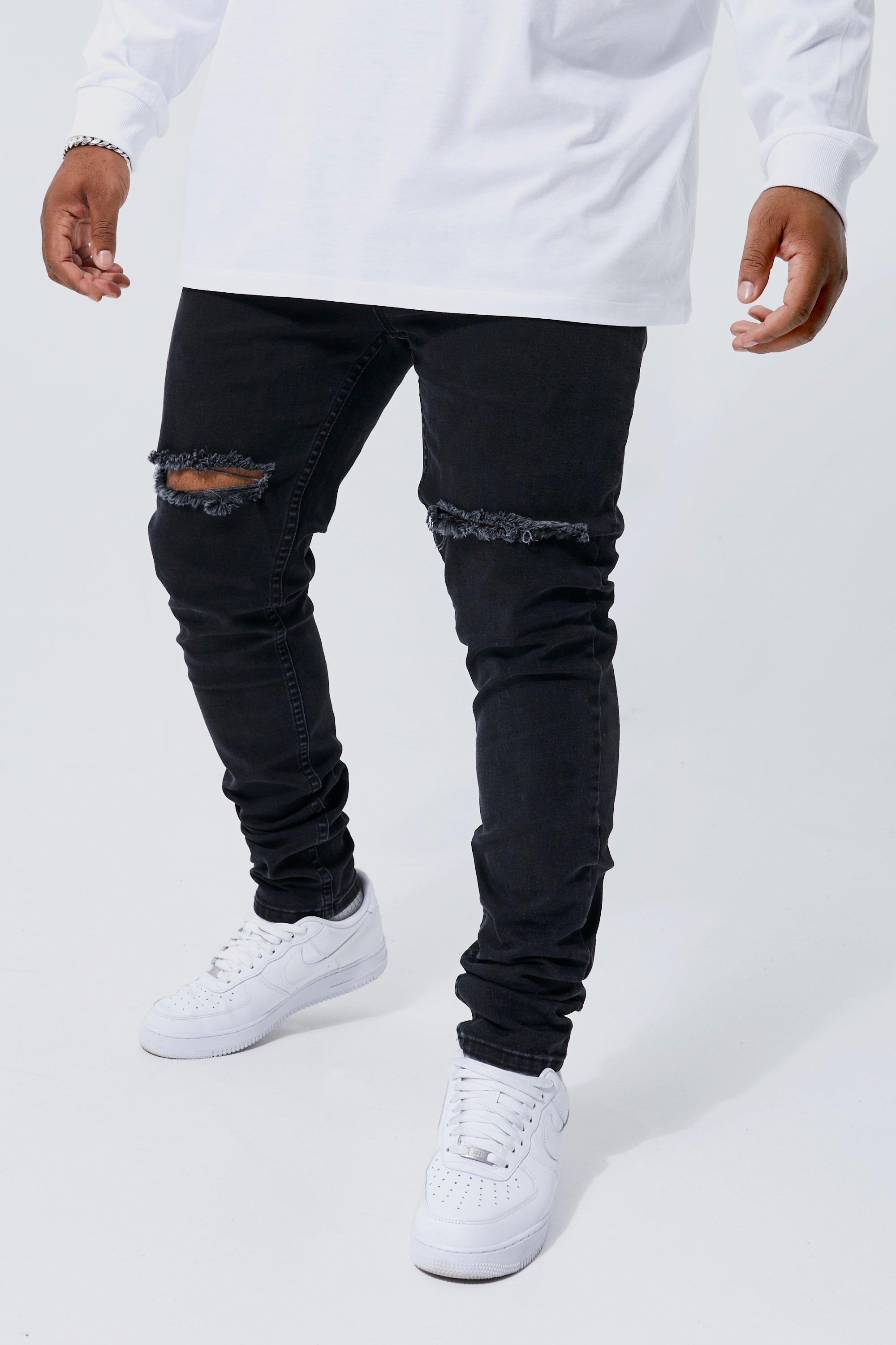 Mens Black Plus Skinny Stretch Stacked Ripped Knee Jeans, Black