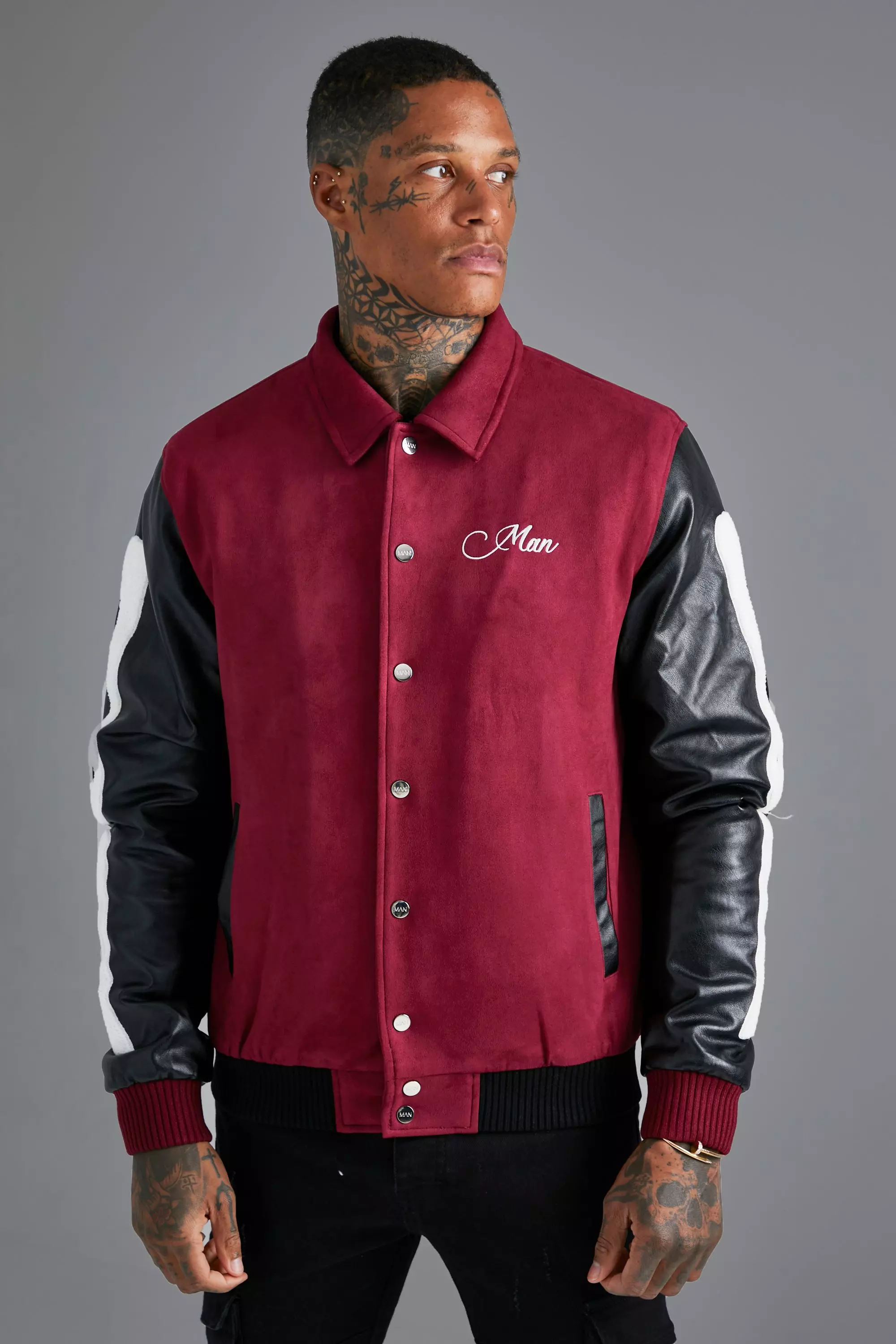 Skeleton Suede Collared Varsity Jacket boohooMAN