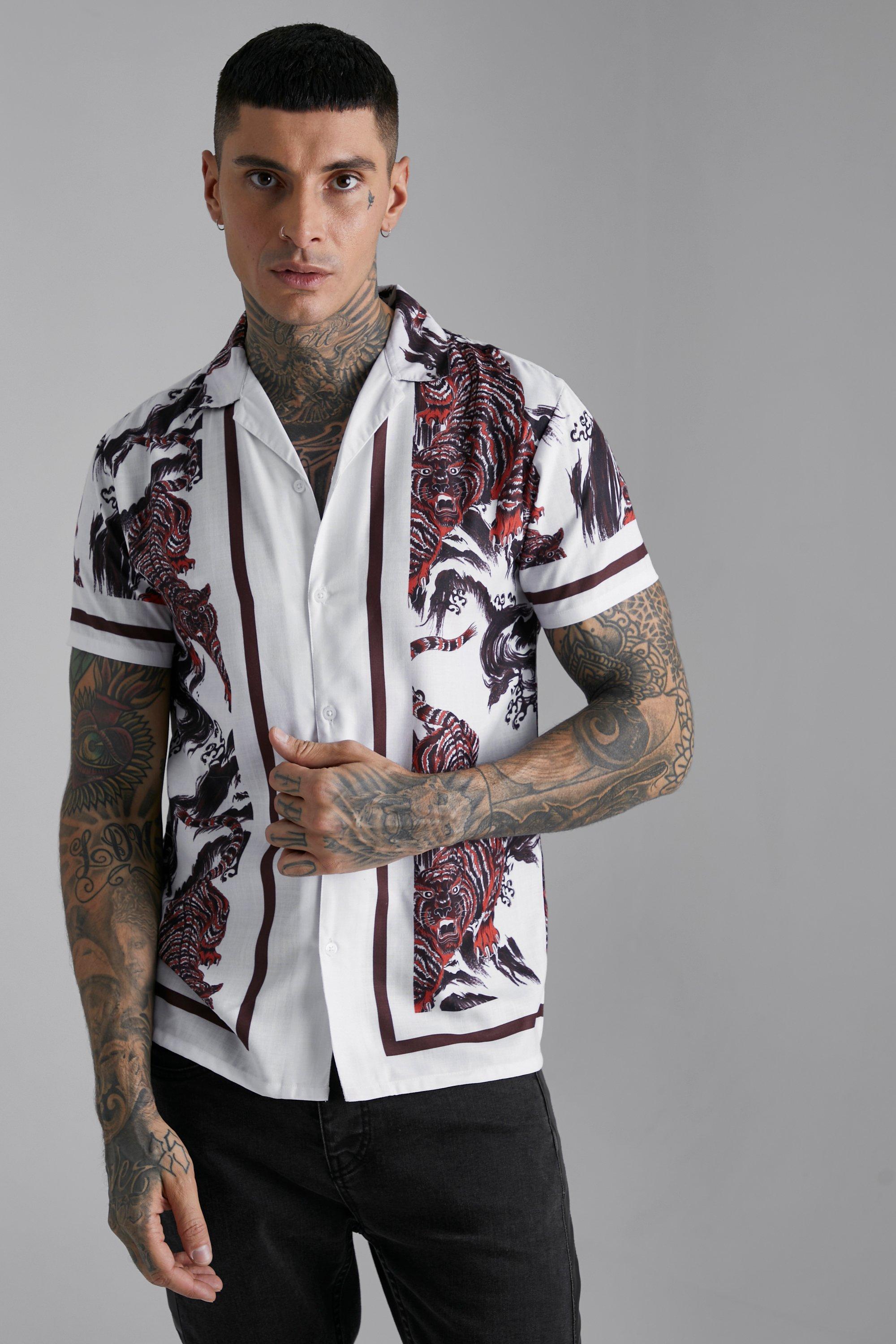 Mens Cream Slub Texture Tiger Print Shirt, Cream