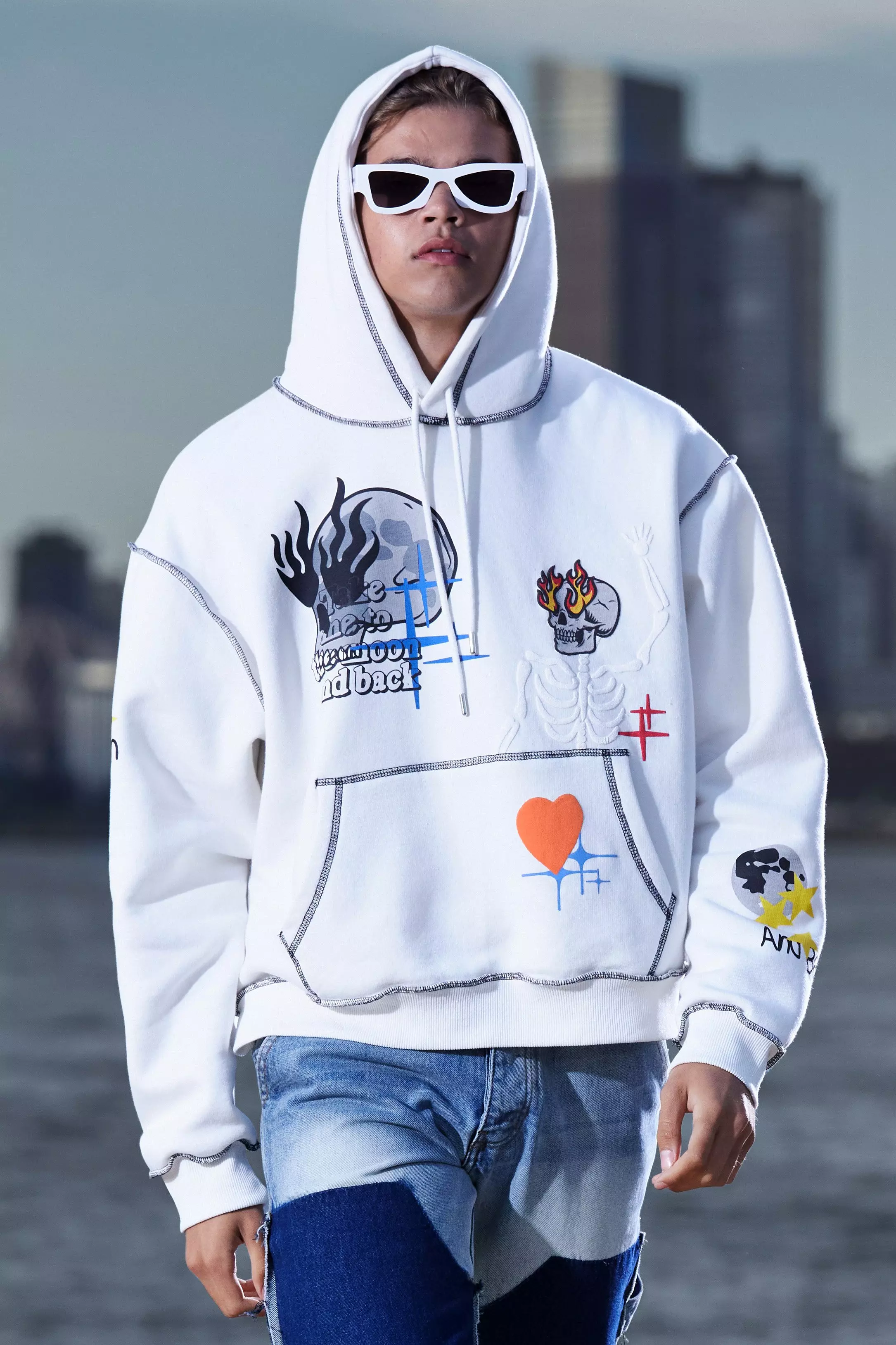 Boohooman hoodie with man print sale in white