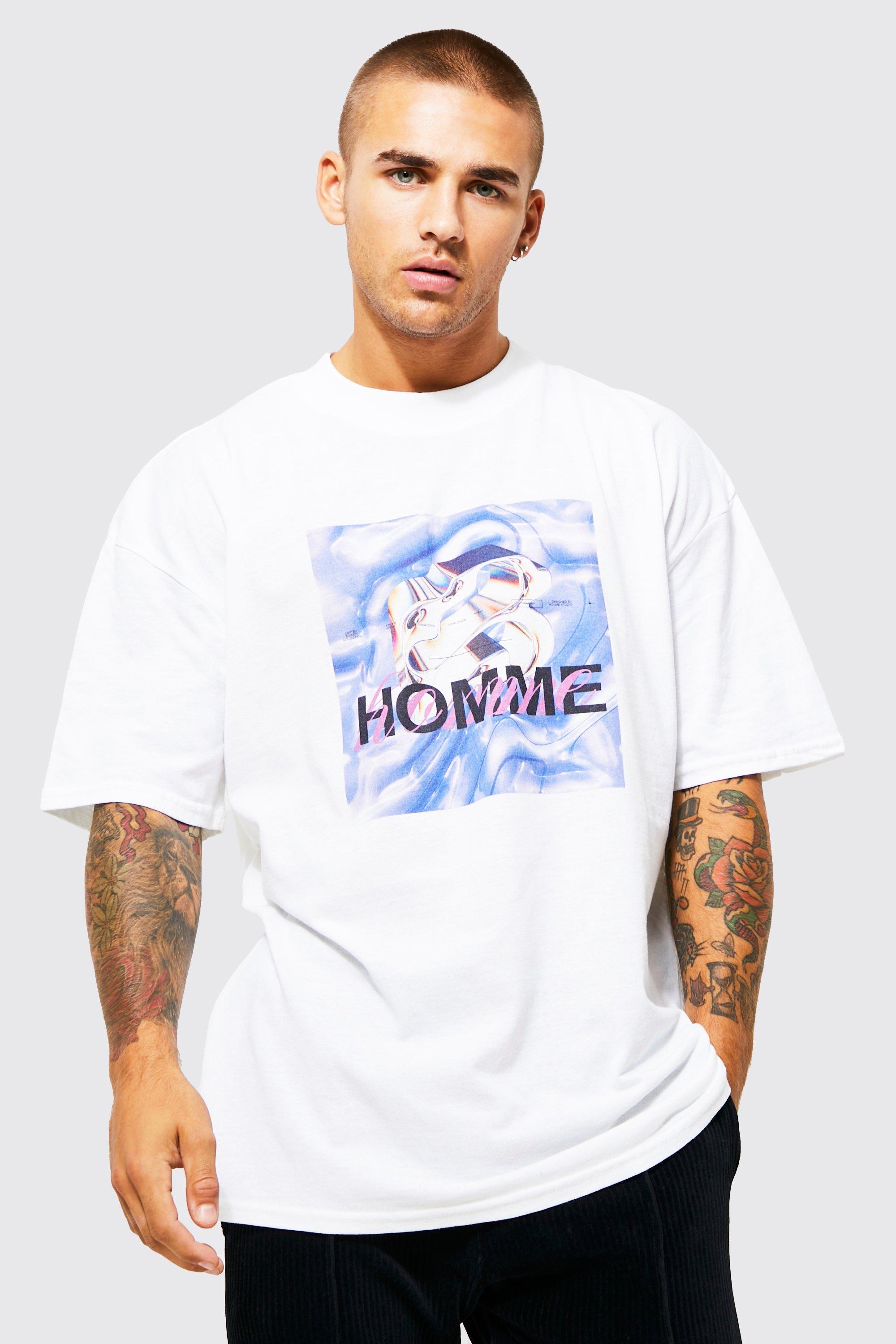 Mens White Oversized Extended Neck Graphic T-shirt, White