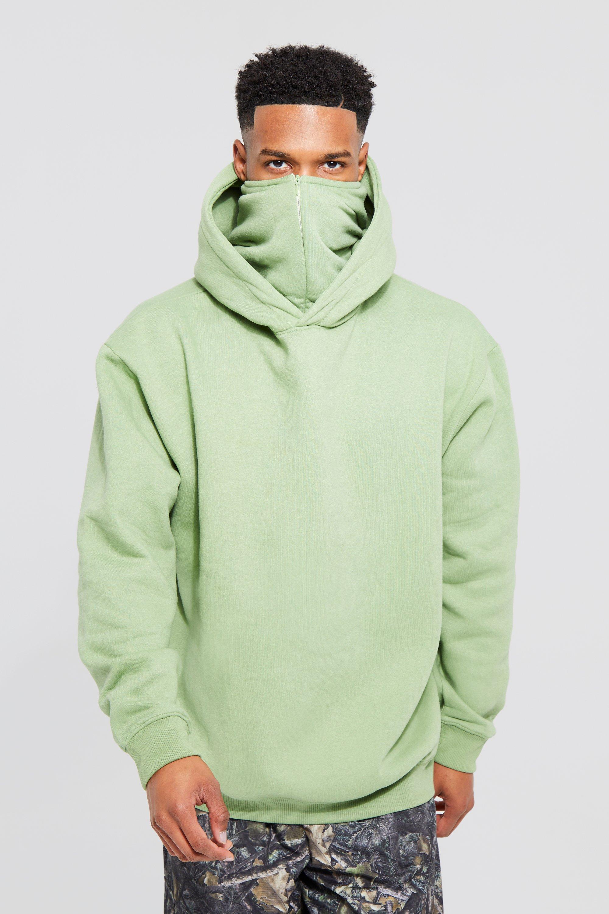 Mens Green Oversized Hoodie With Zip Up Balaclava, Green