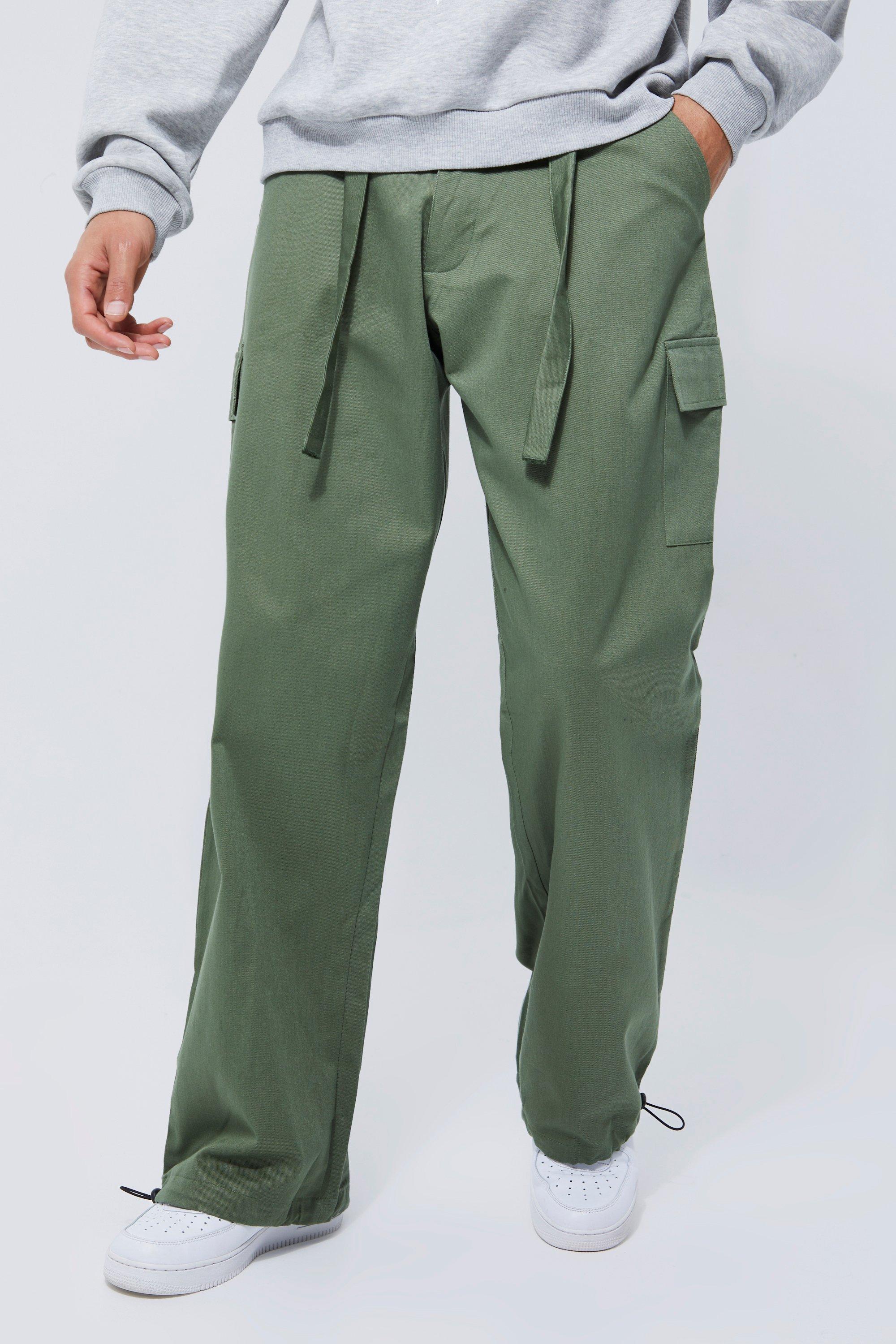 Mens Green Tall Wide Leg Belt Cargo Trouser, Green
