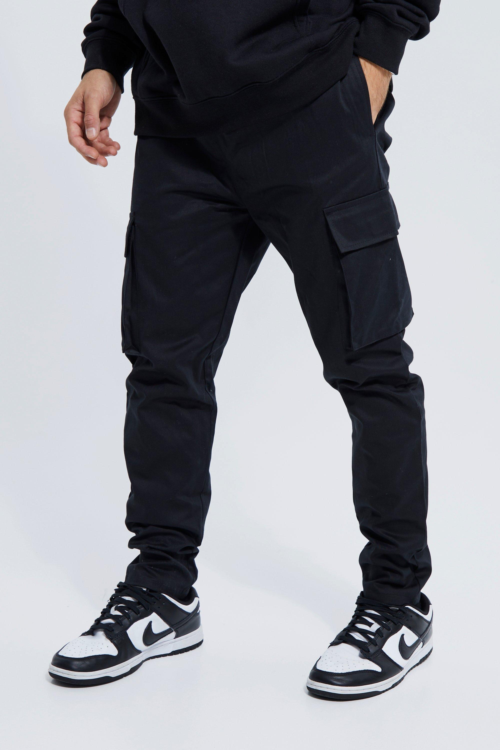 Mens Black Elastic Waist Skinny Fit Cargo Trouser, Black