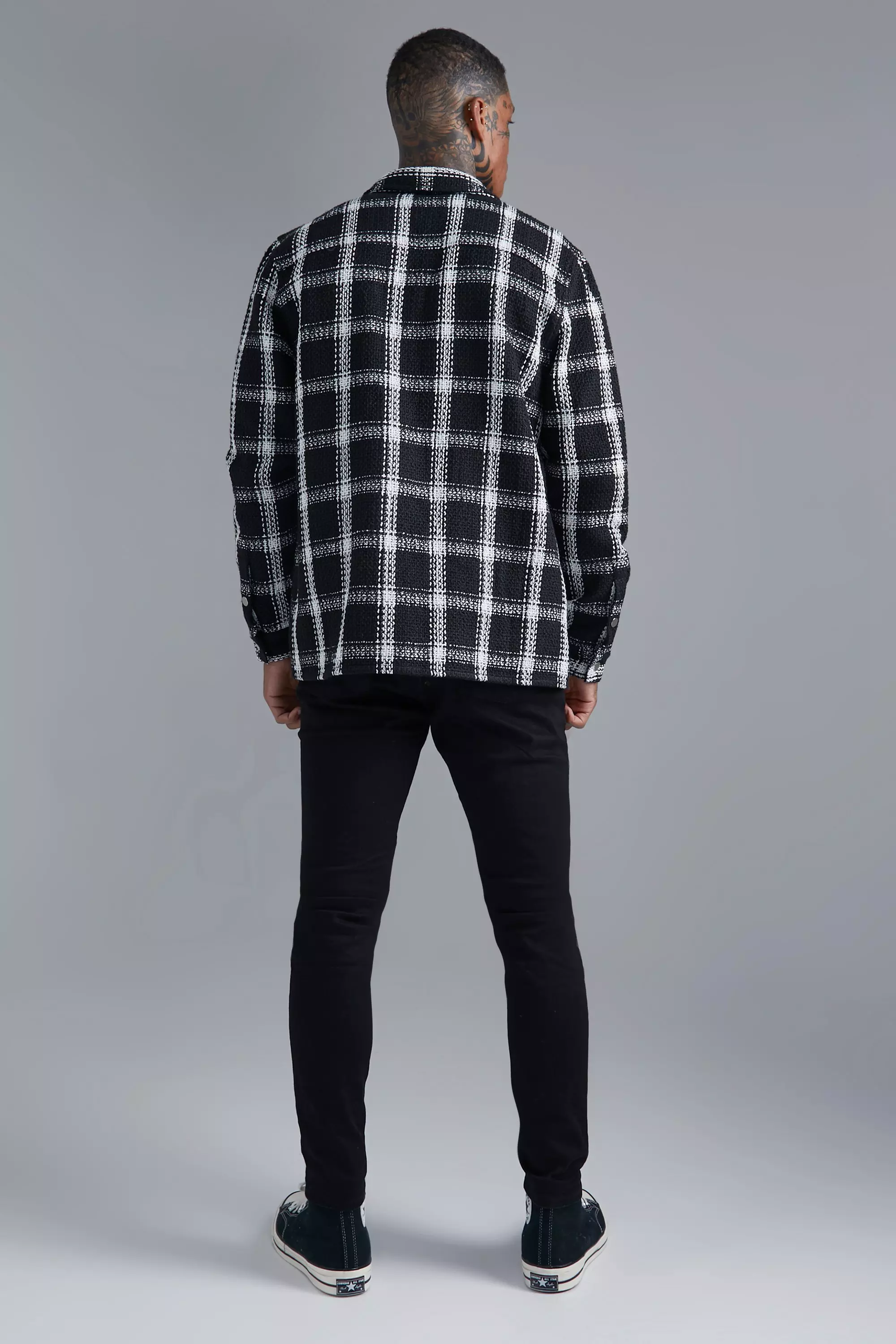 Heavyweight Check Boucle Overshirt With Chain | boohooMAN USA