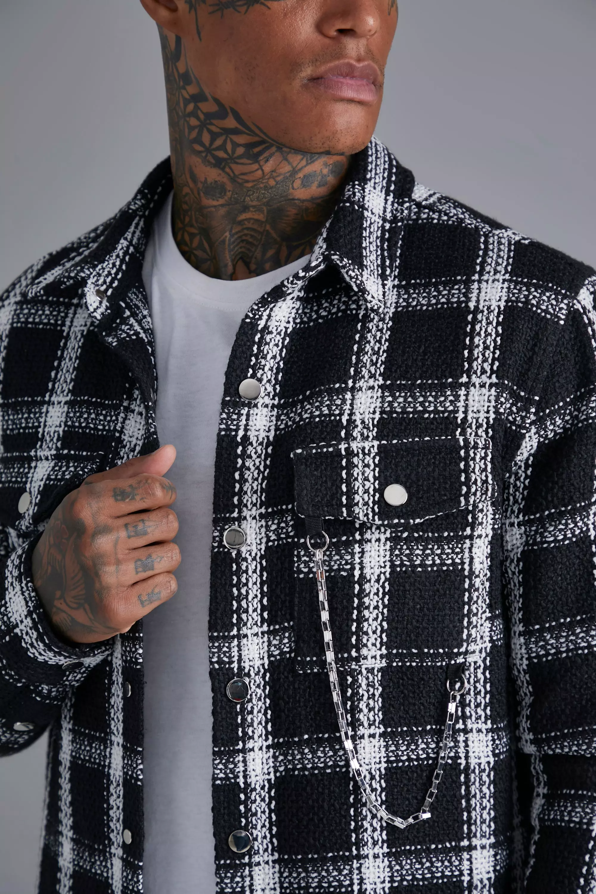 Heavyweight Check Boucle Overshirt With Chain