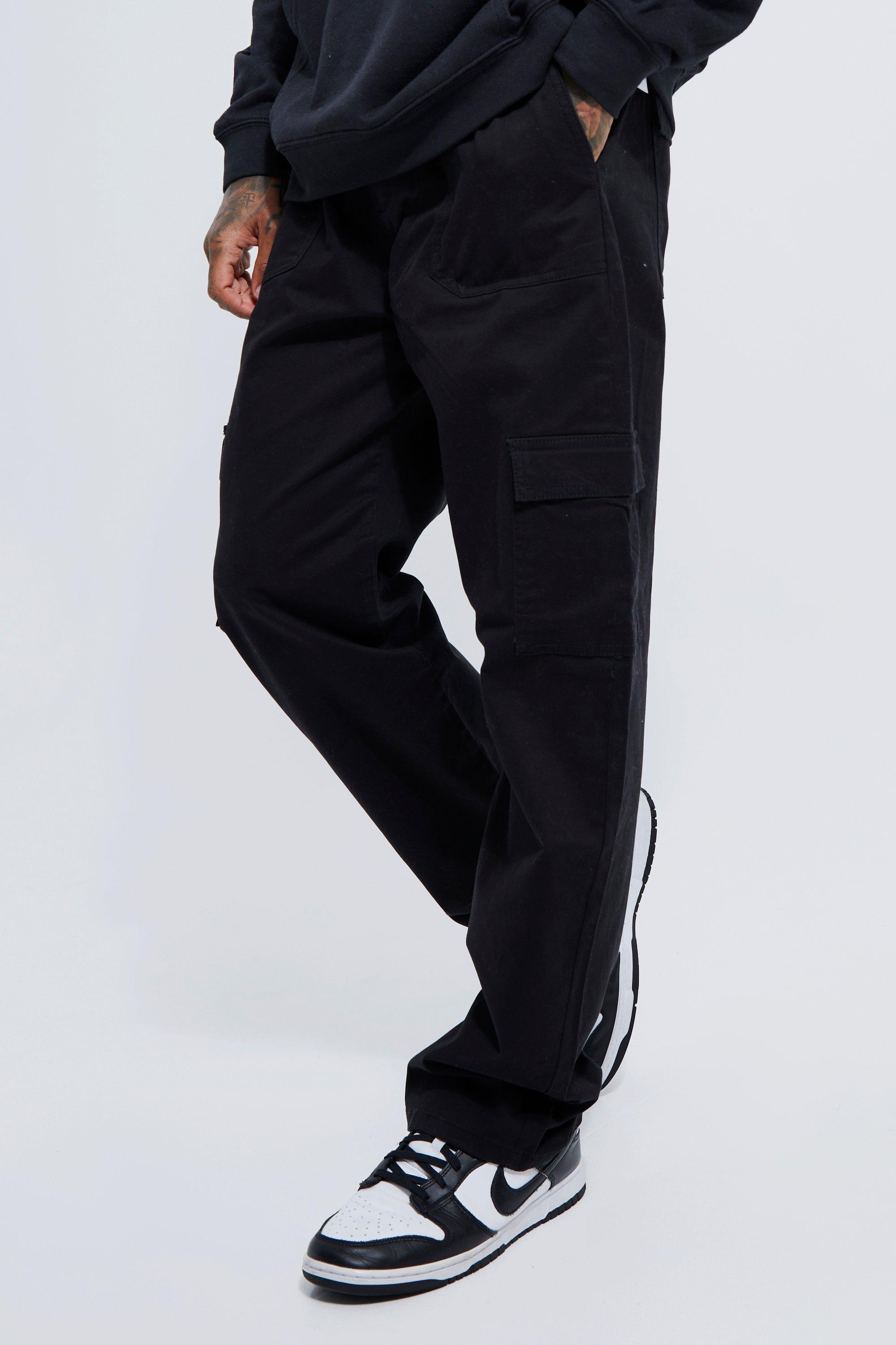 Mens Black Elasticated Waist Relaxed Fit Cargo Trouser, Black