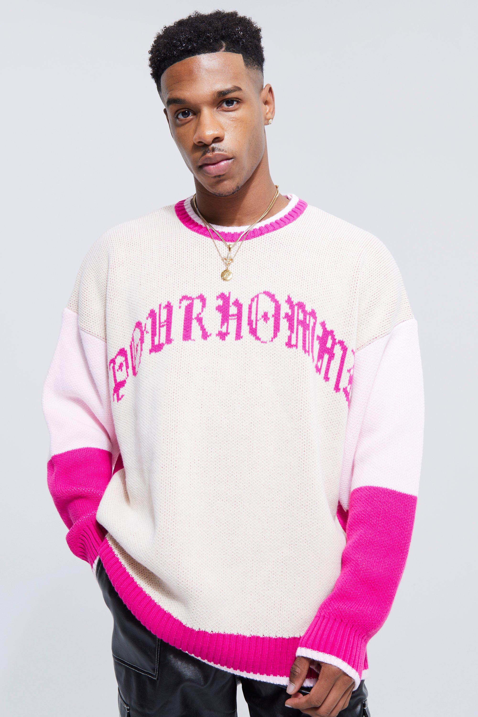 Mens Pink Colourblock Pour Homme Knitted Jumper, Pink