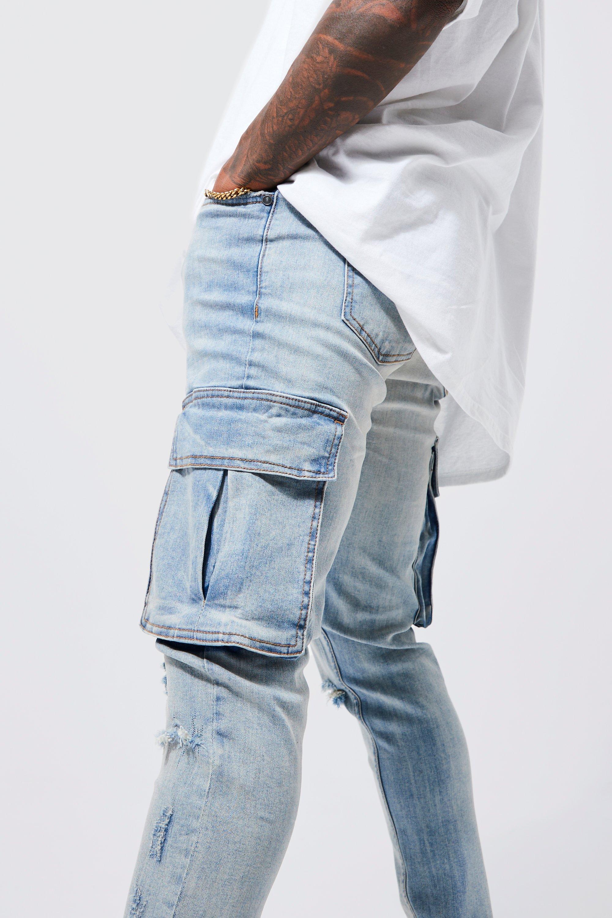 super skinny cargo jean with knee rips