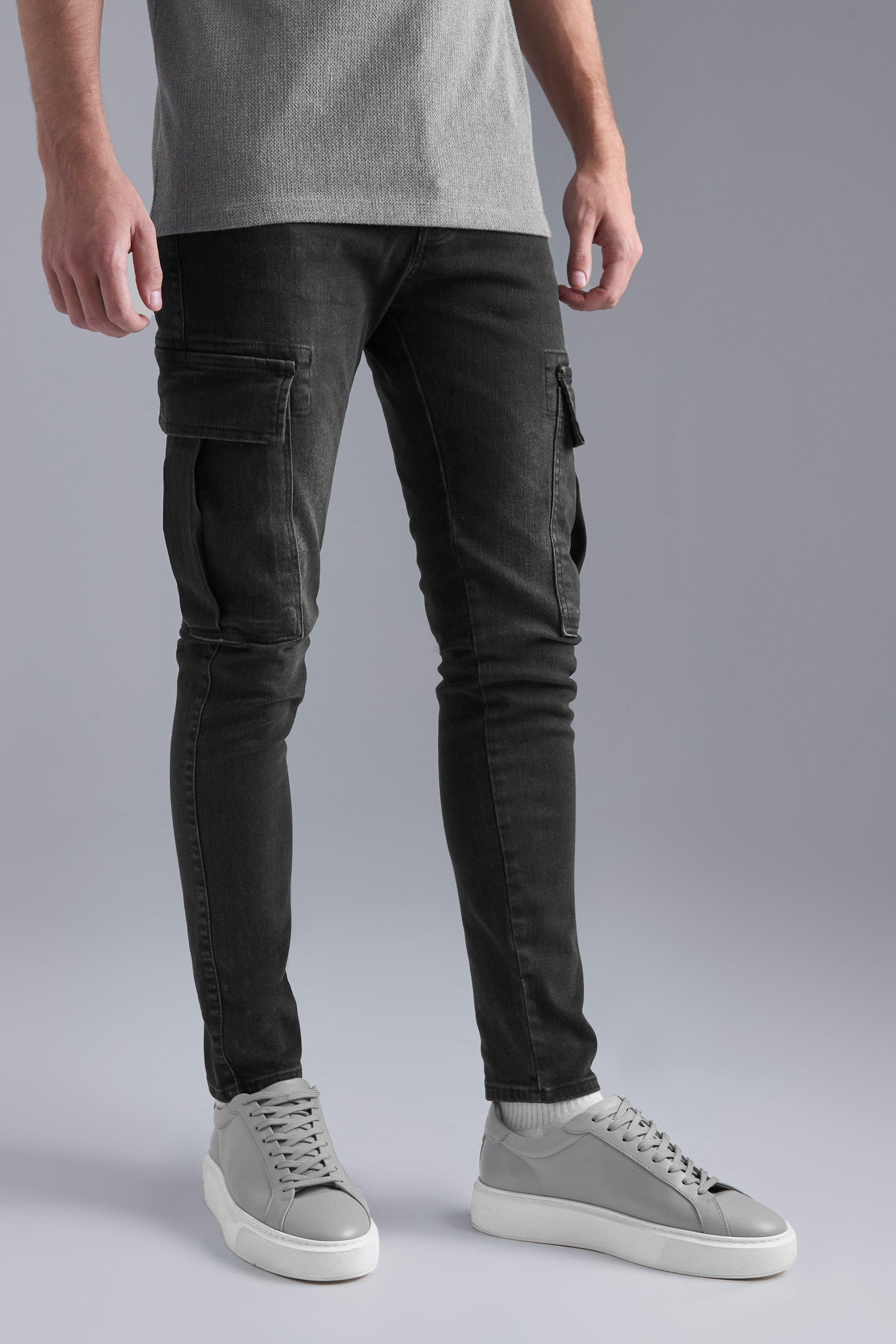 mens black skinny stretch distressed cargo jeans, black