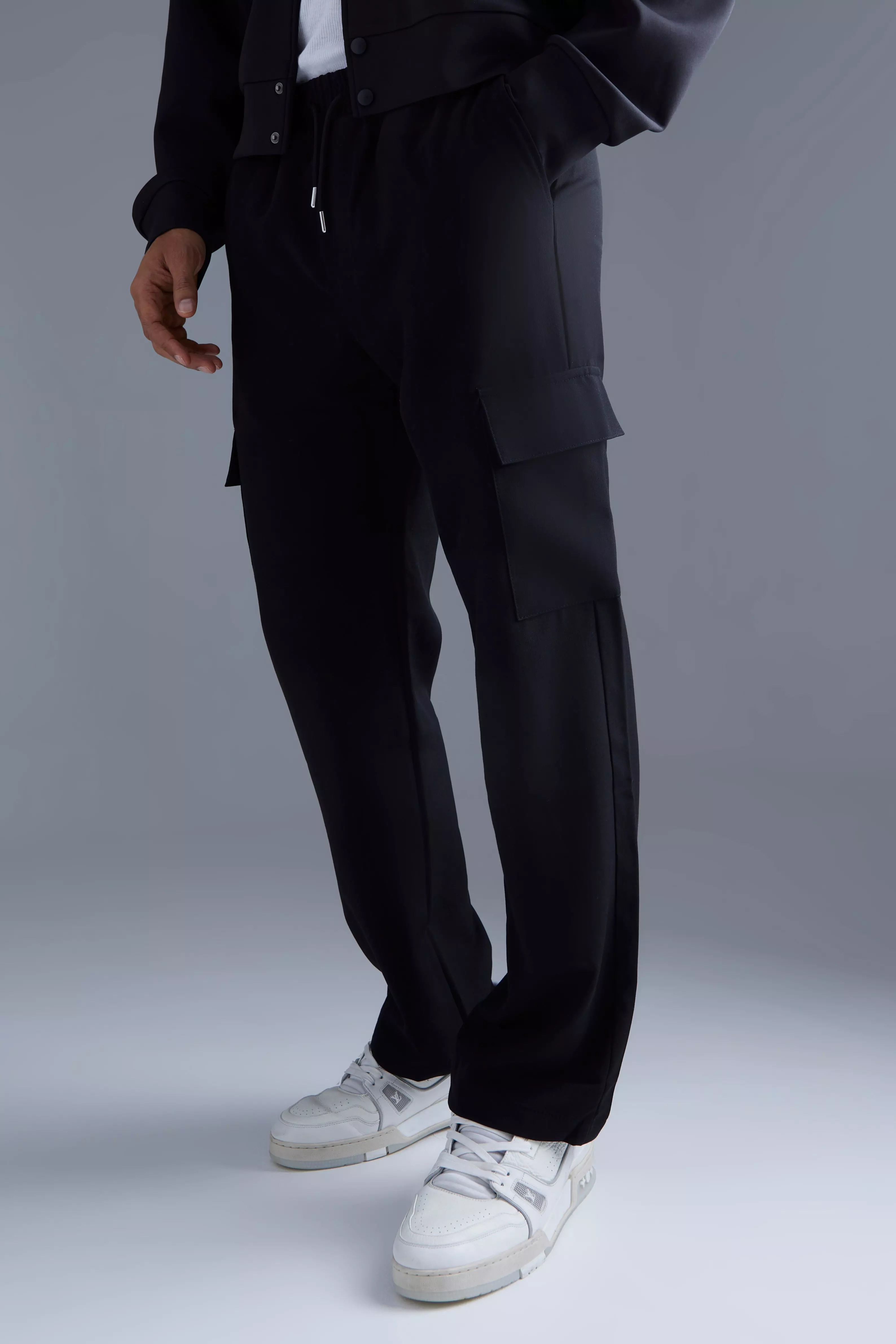 Black Elasticated Waist Straight Leg Cargo Pants