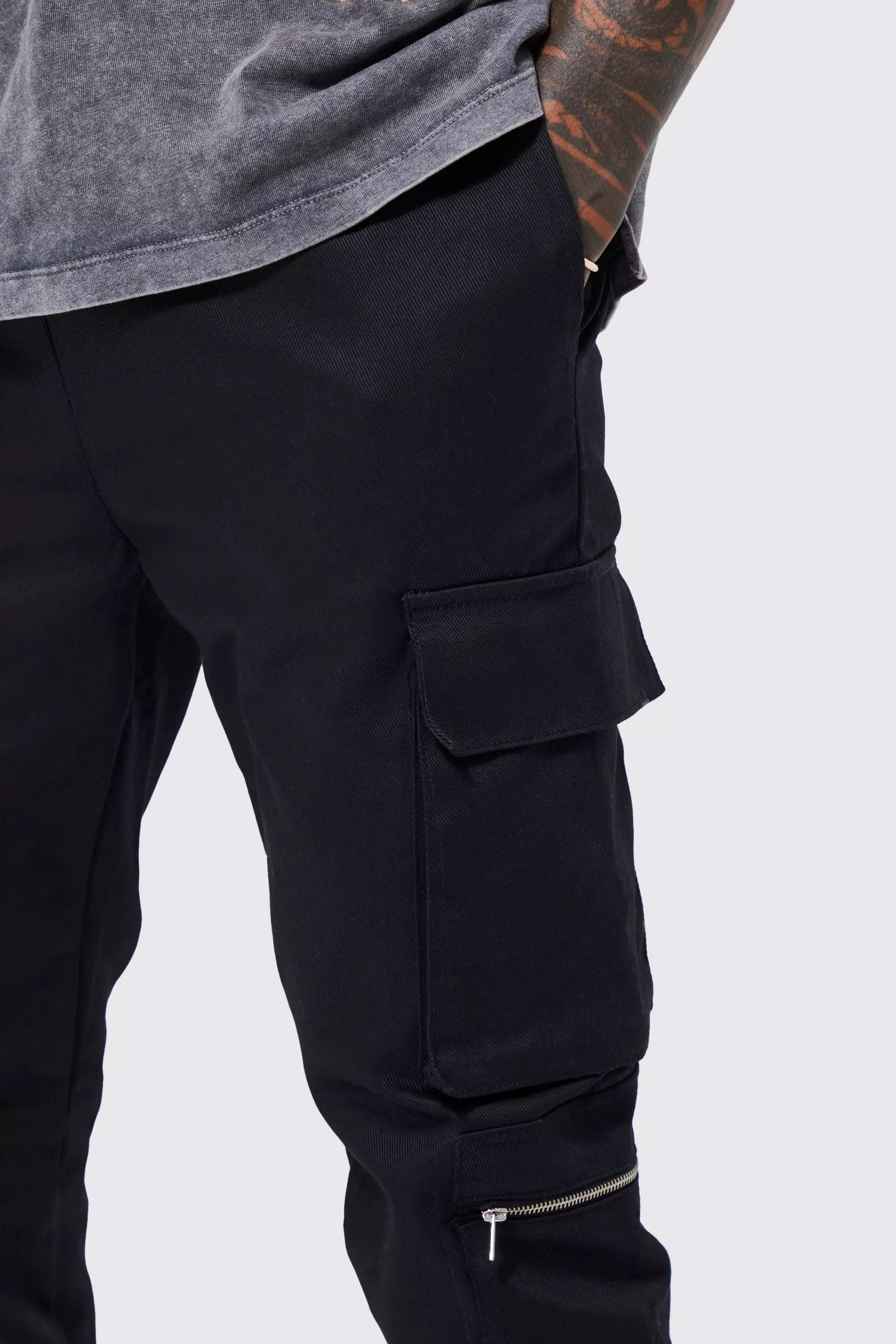 Elastic Waist Multi Pocket Zip Cargo Pants