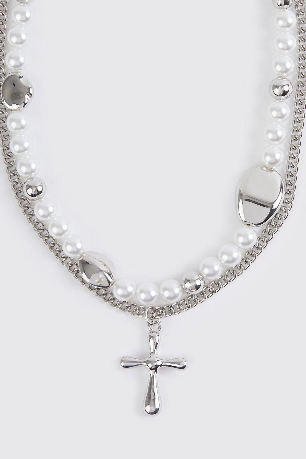 Mens Grey Pearl Cross Multi Layer Necklace, Grey