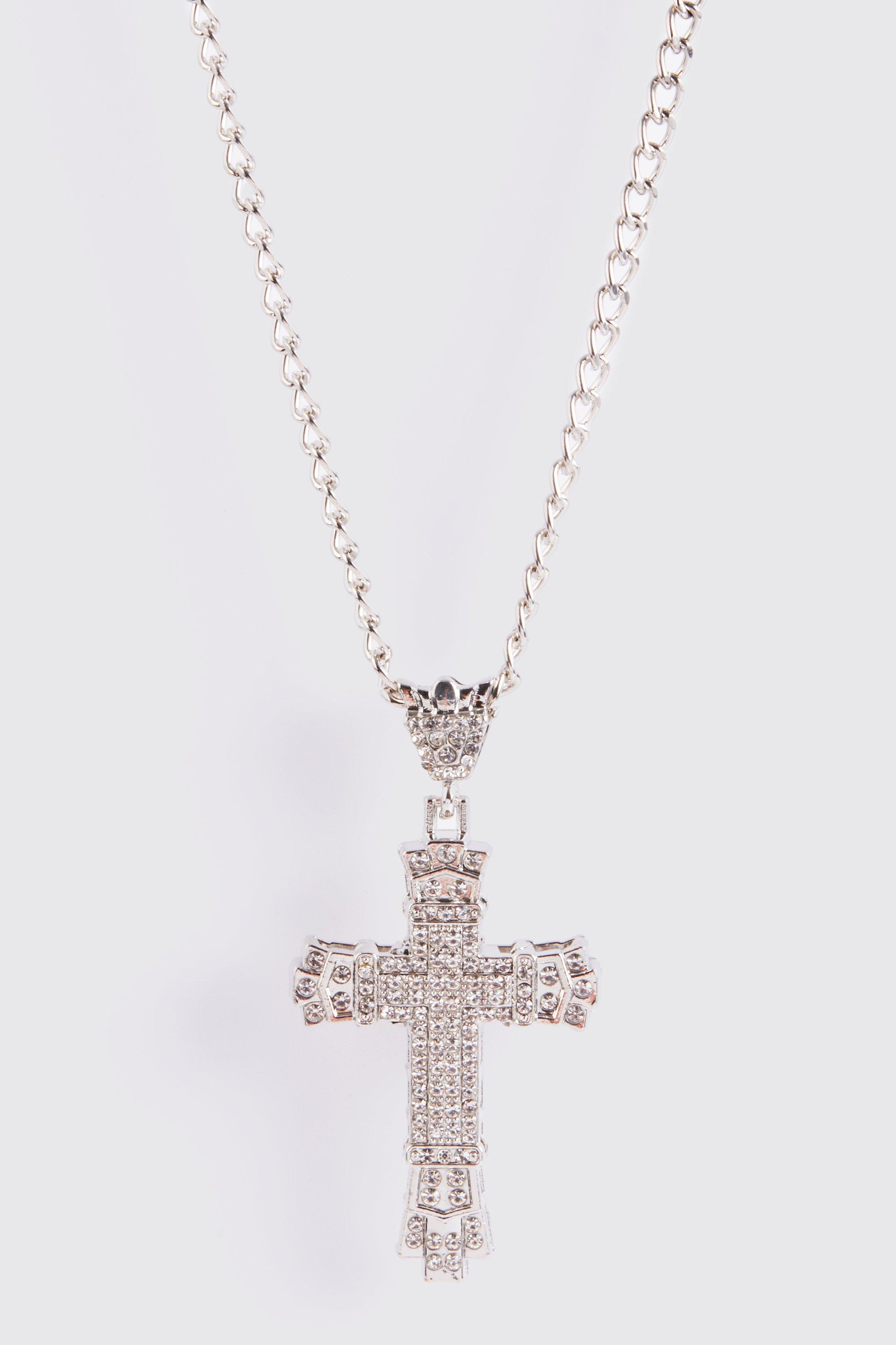 Mens Grey Iced Cross Necklace, Grey