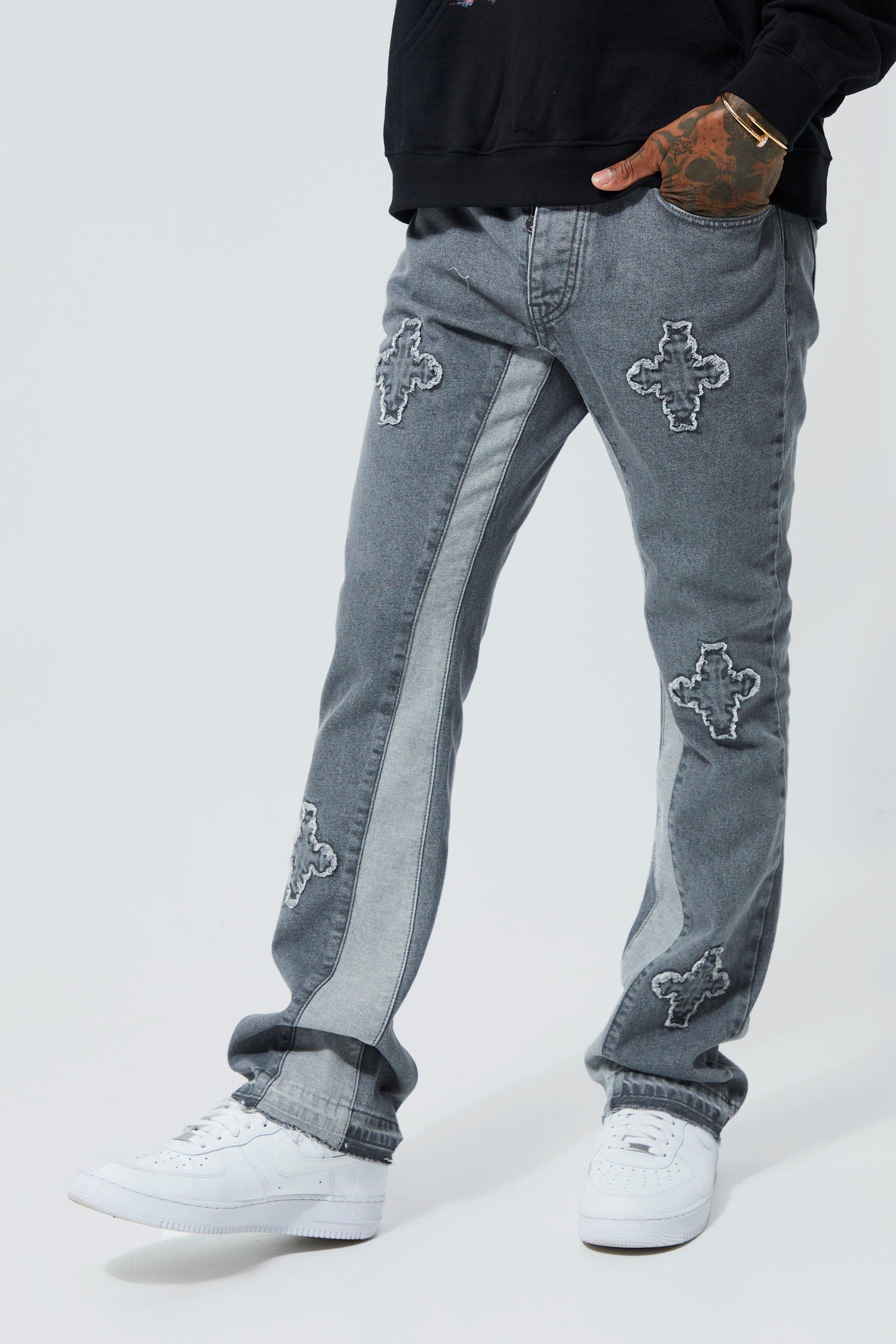 Image of Jeans a zampa Slim Fit in denim rigido con pannelli, Grigio