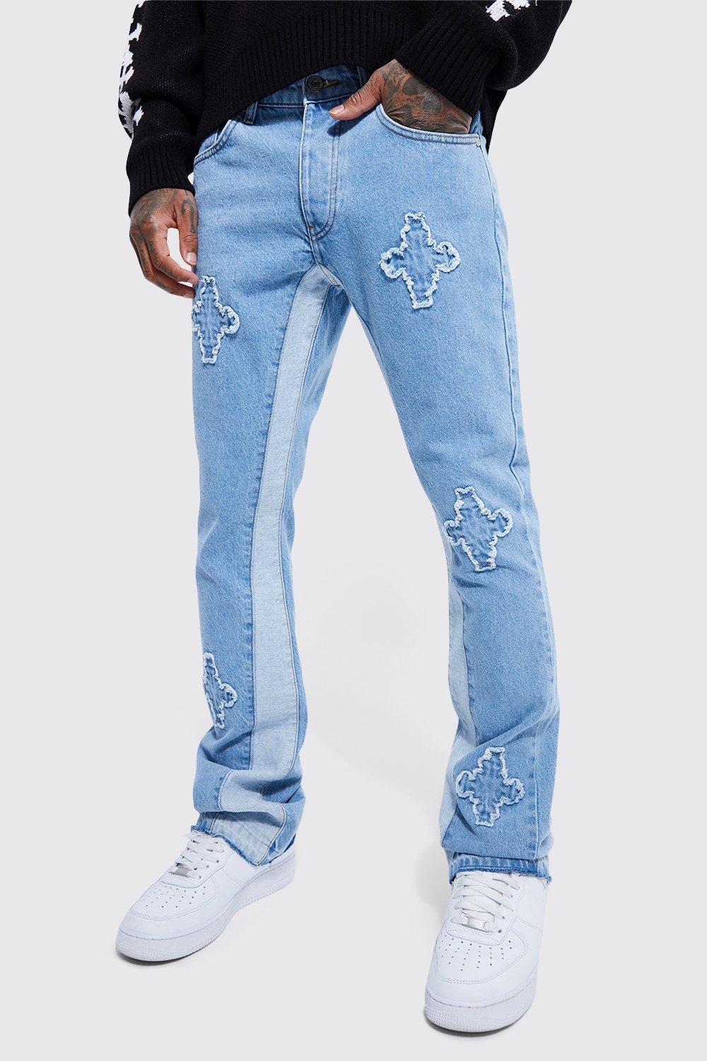 Image of Jeans a zampa Slim Fit in denim rigido con pannelli, Azzurro