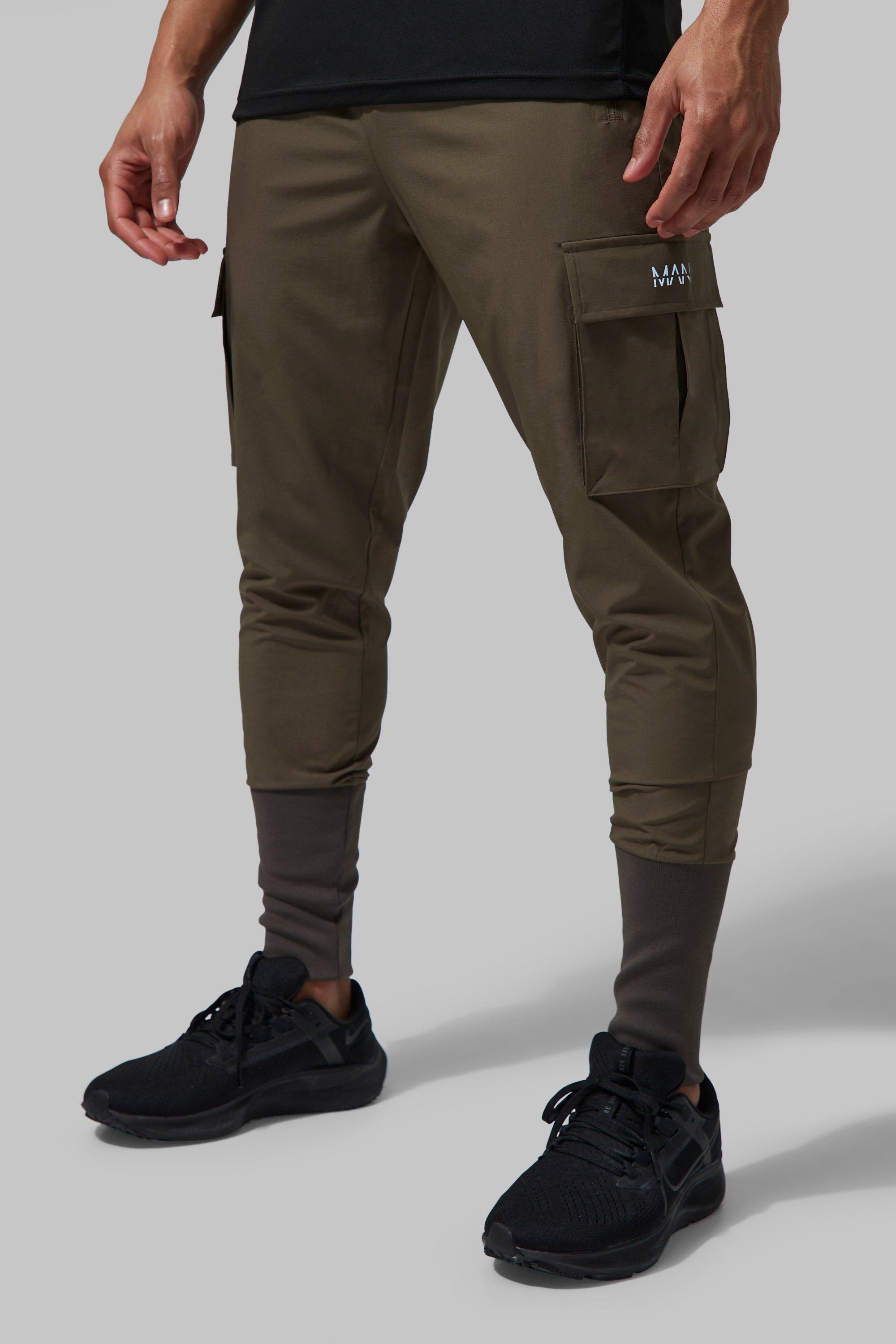 Mens Green Man Active Stretch Cargo Joggers With Deep Cuff, Green