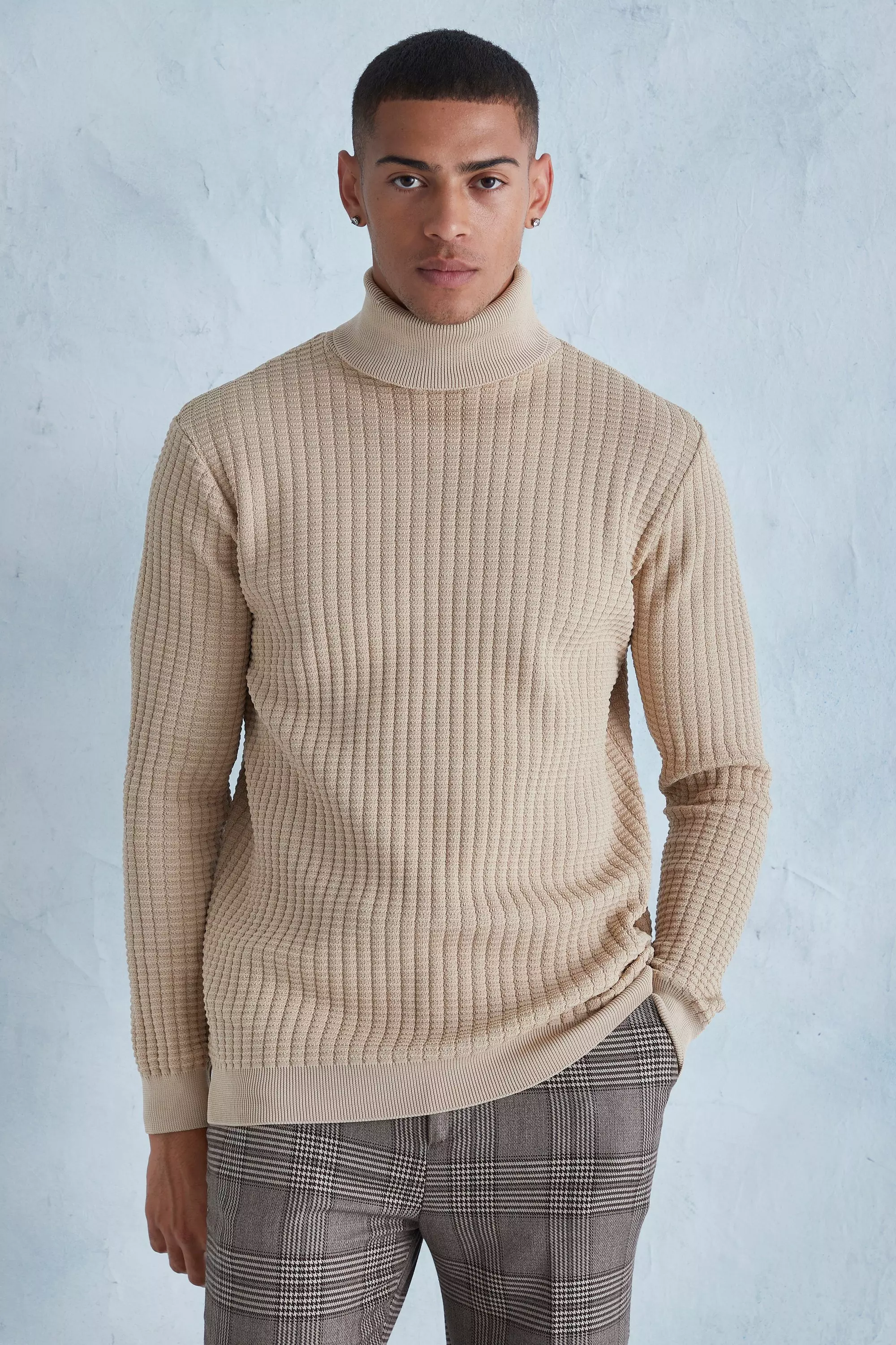 Mens beige roll sale neck jumper