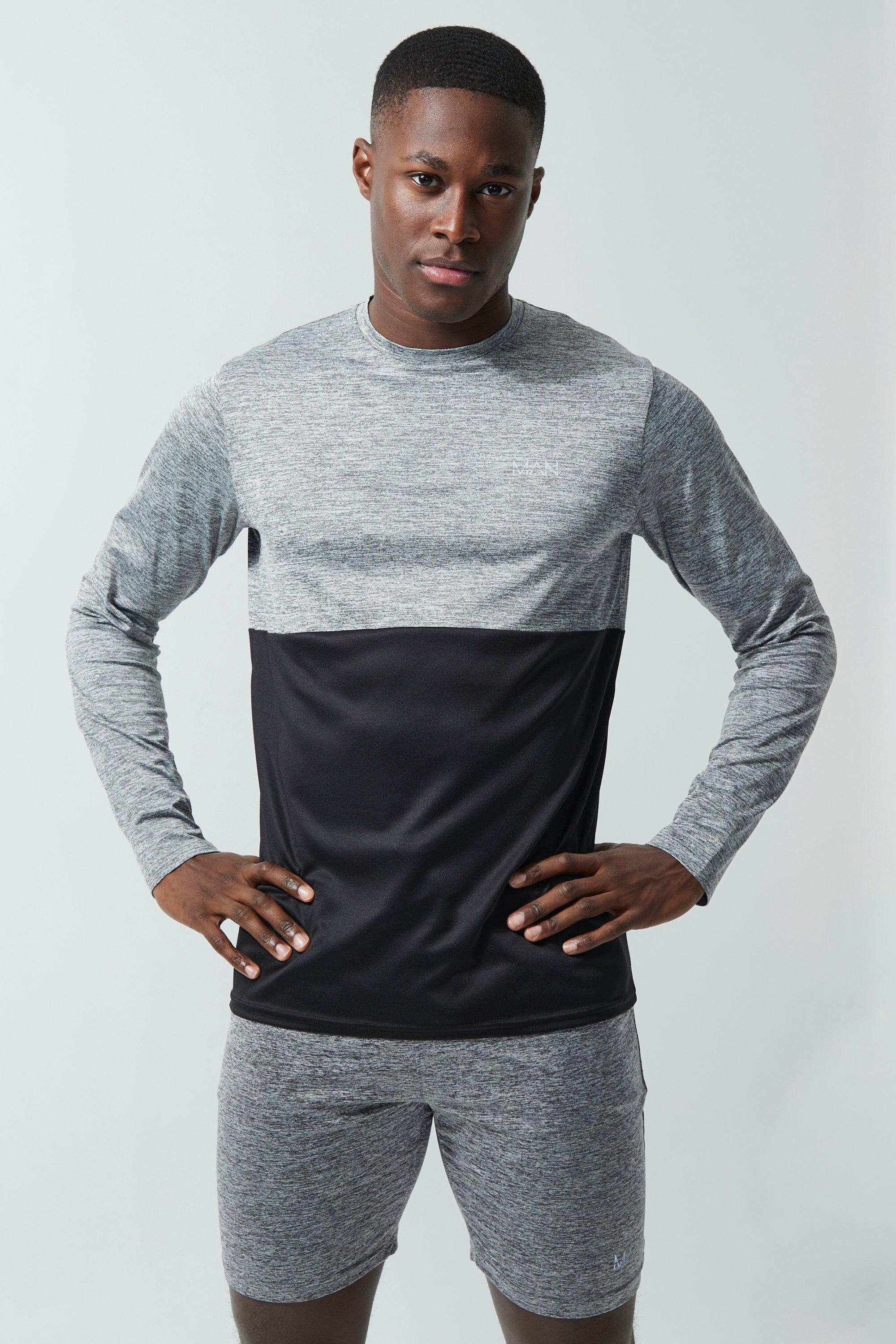 Mens Grey Man Active Blocked Marl Long Sleeve T Shirt, Grey
