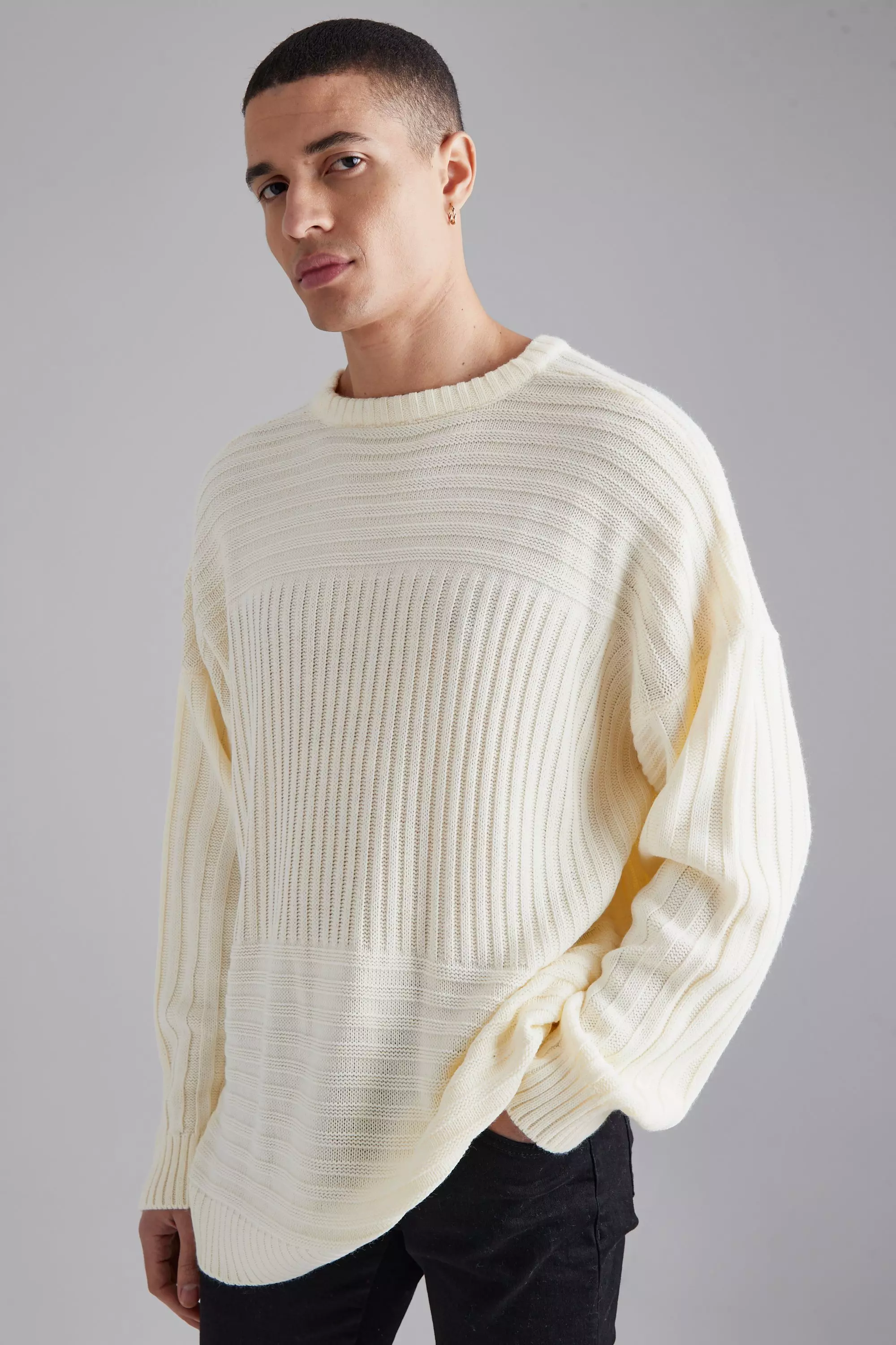 Mixed Stitch 3 Panel Knitted Oversized Jumper | boohooMAN UK