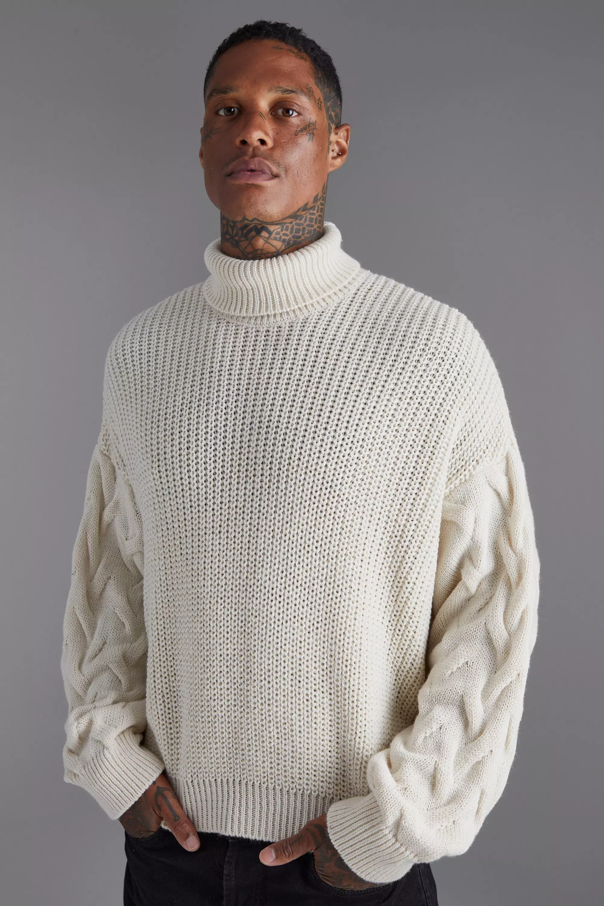 Boxy Fisherman Knitted Sweater With Cable Sleeves