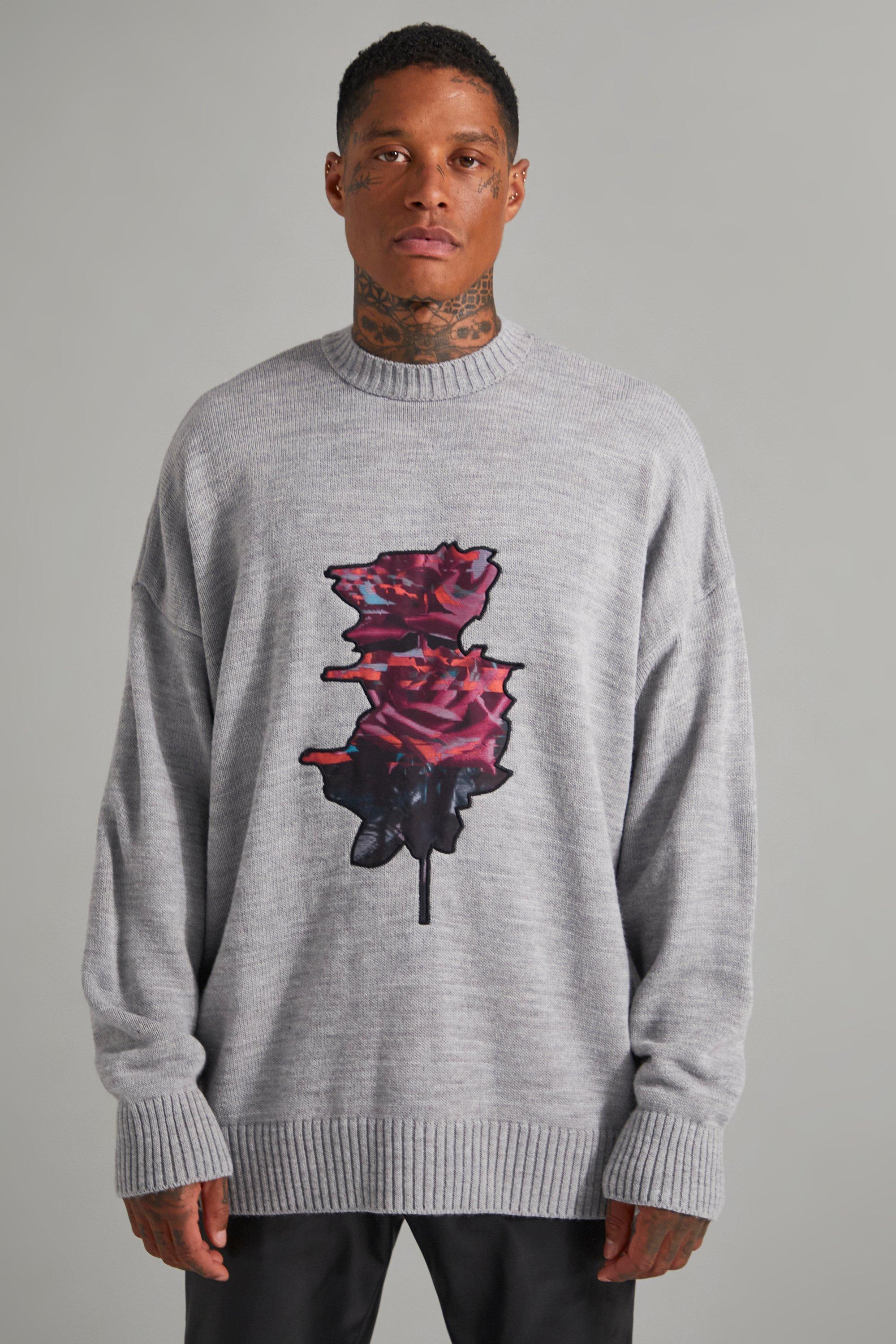 Mens Grey Rose Patch Knitted Jumper, Grey