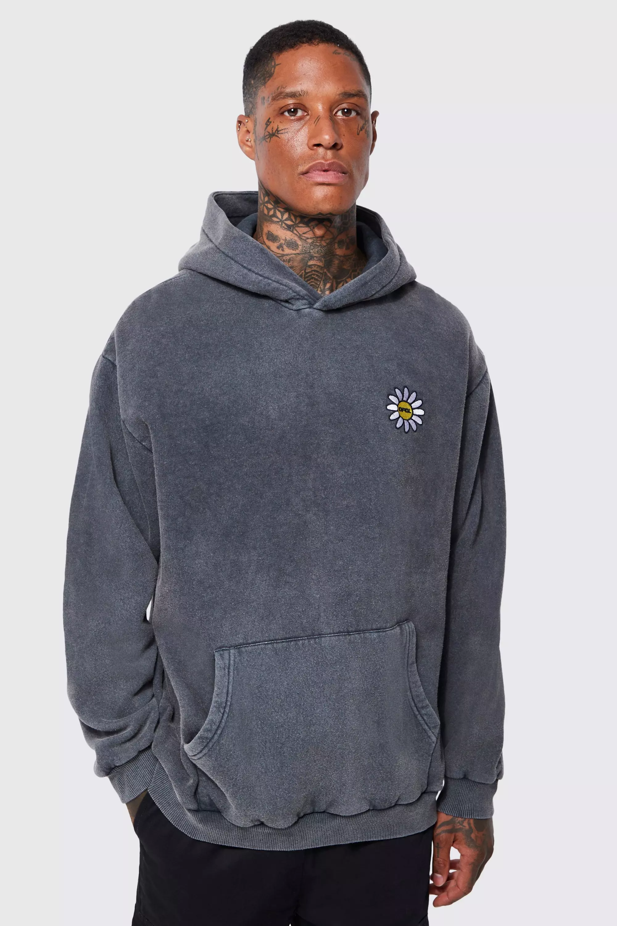 Oversized Flower Embroidered Washed Hoodie boohooMAN USA