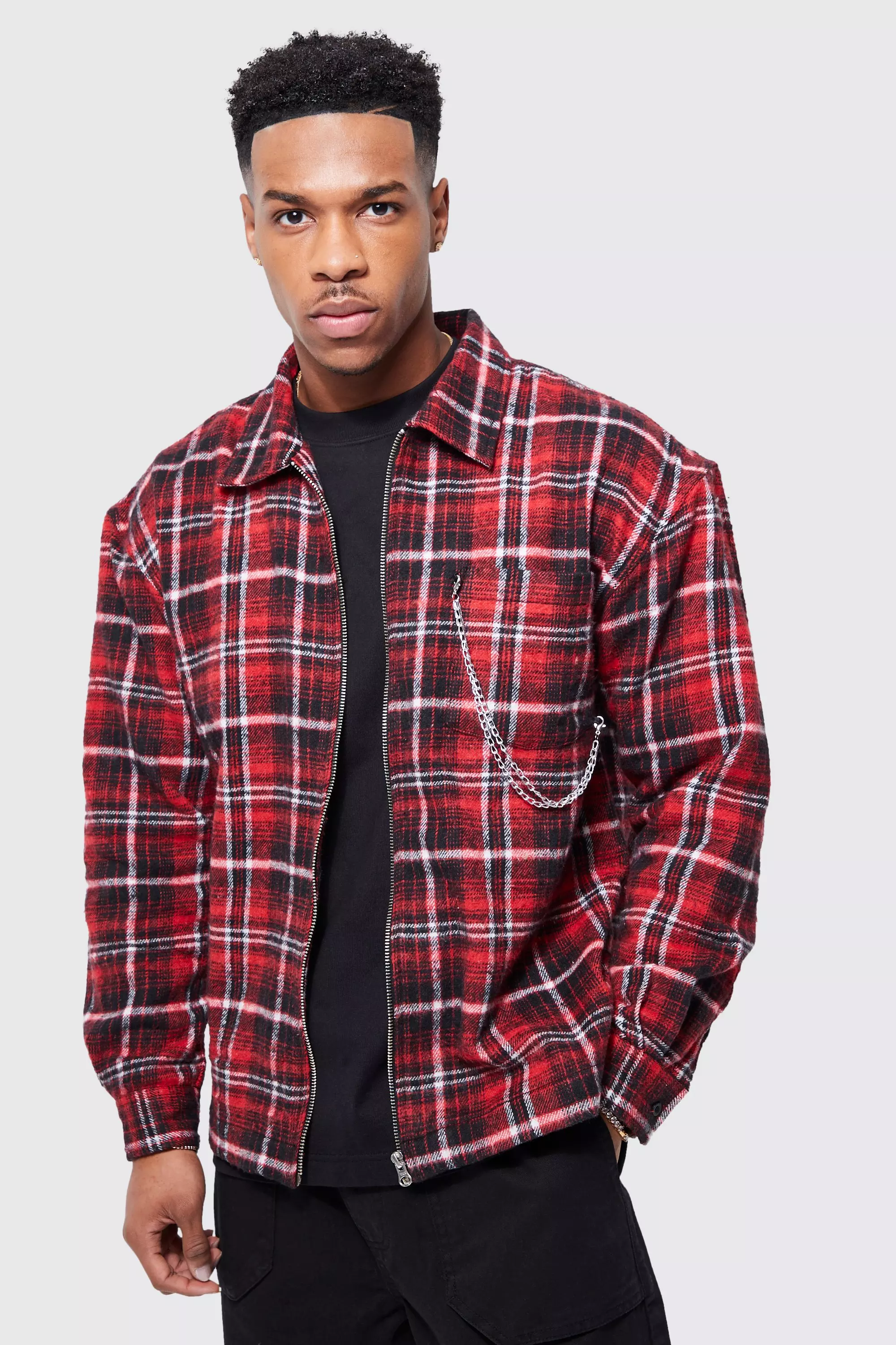 Boxy Brushed Check Zip Shacket With Chain | boohooMAN USA