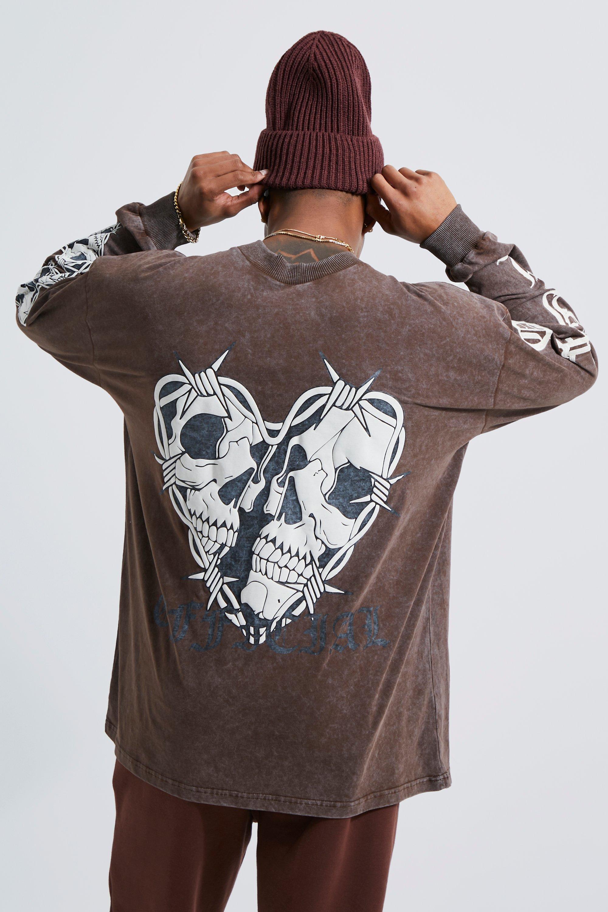 Mens Brown Oversized Long Sleeve Washed Graphic T-shirt, Brown