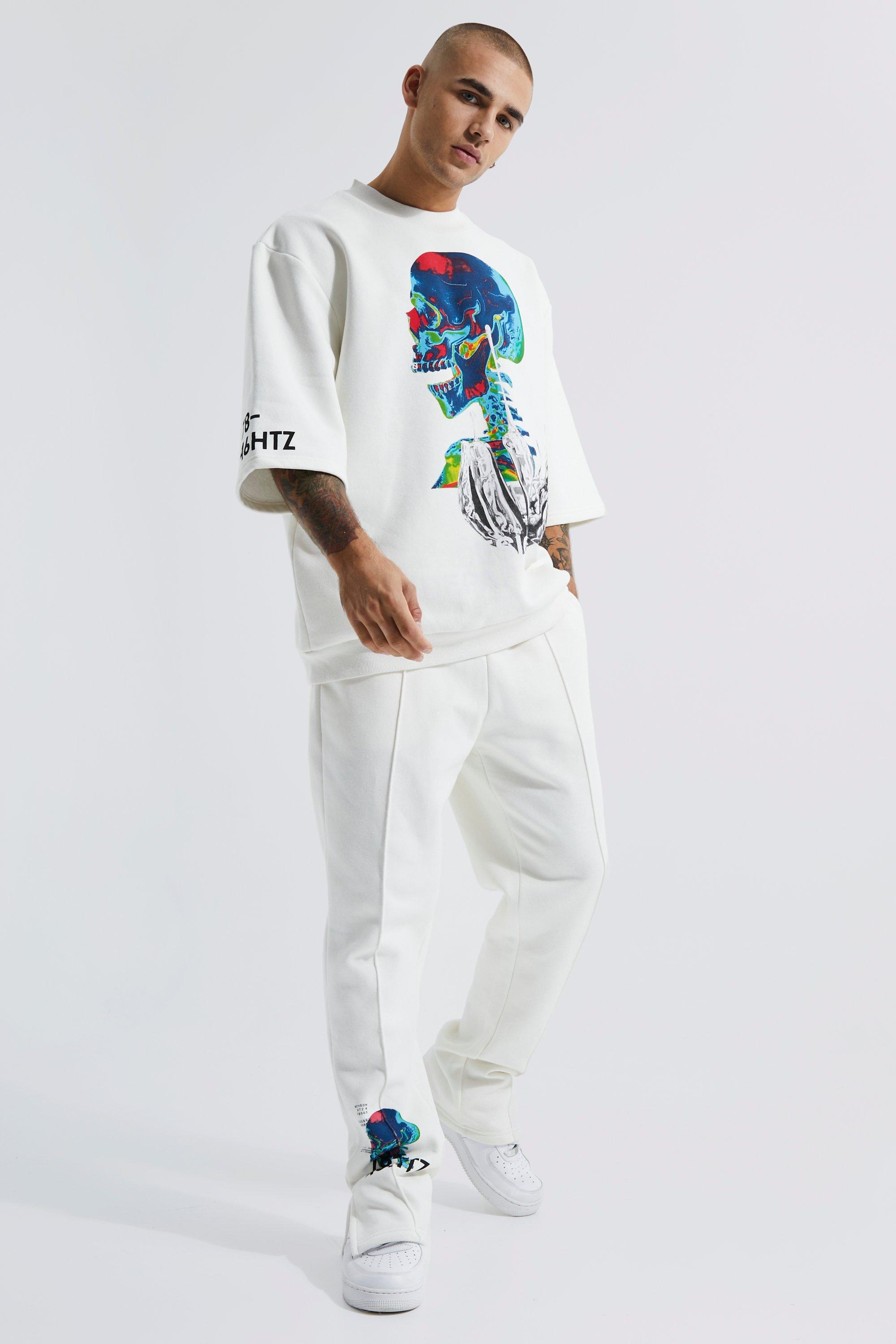 Mens Cream Oversized Graphic Half Sleeve jumper Tracksuit, Cream