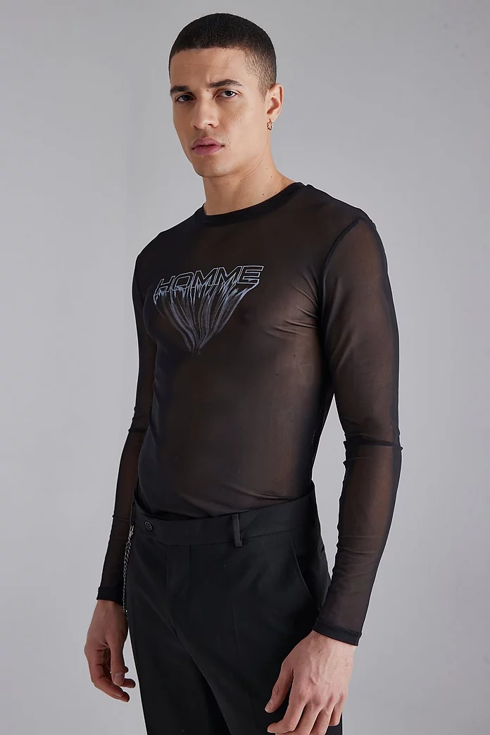 Mesh Muscle Fit Graphic Long Sleeve T-shirt