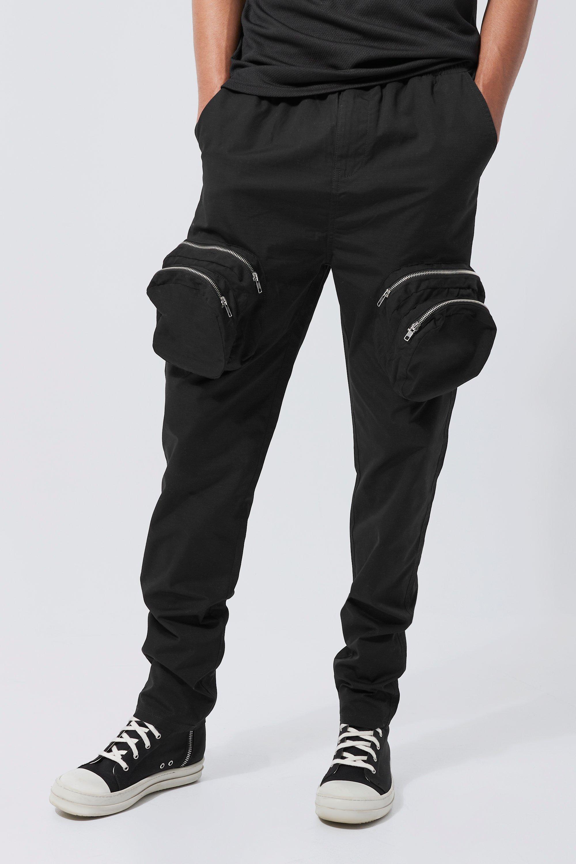 Mens Black Tall Slim Fit Smart 3d Zip Cargo Trouser, Black