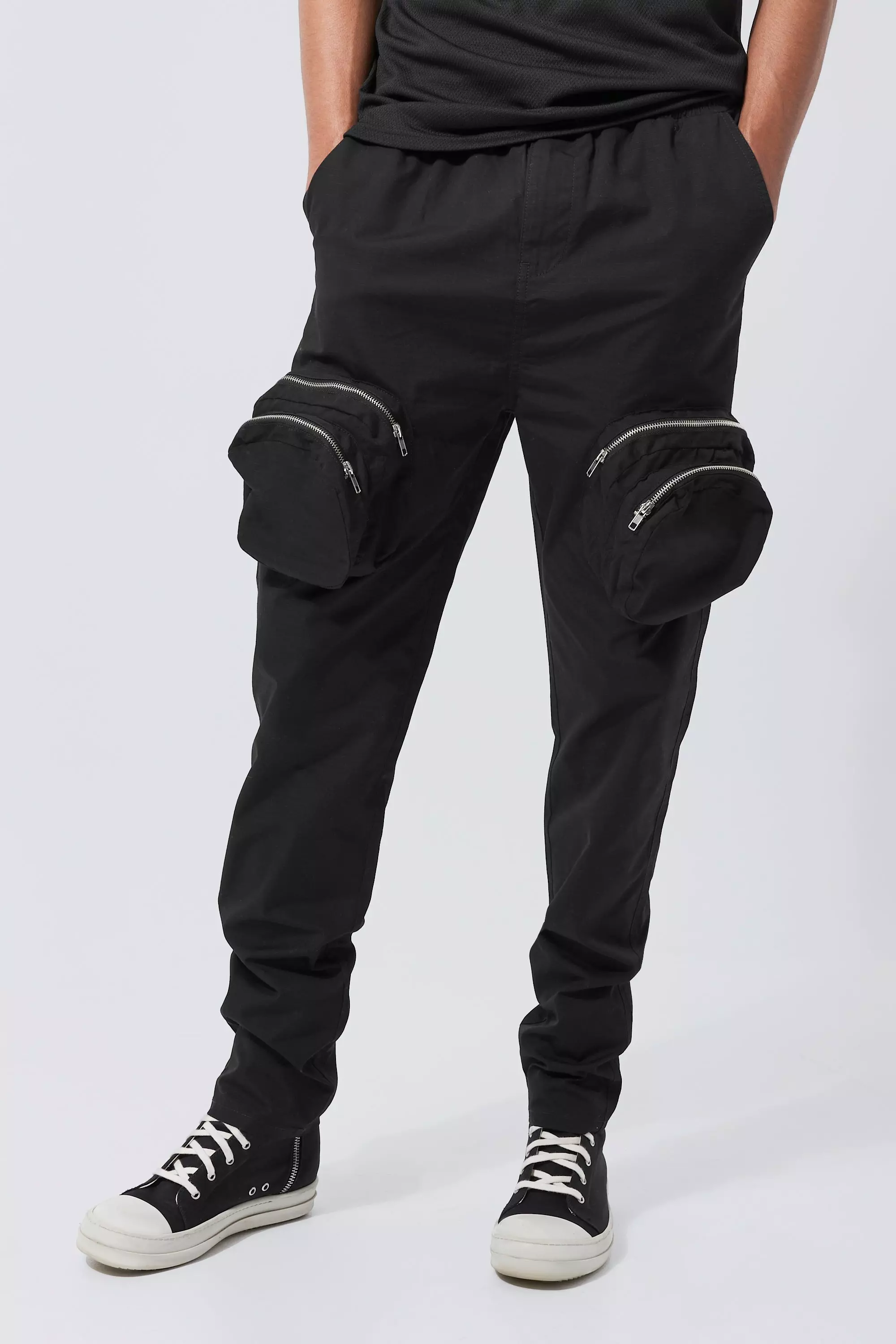 Zip Pocket 3D Skinny Cargo Pants, Black