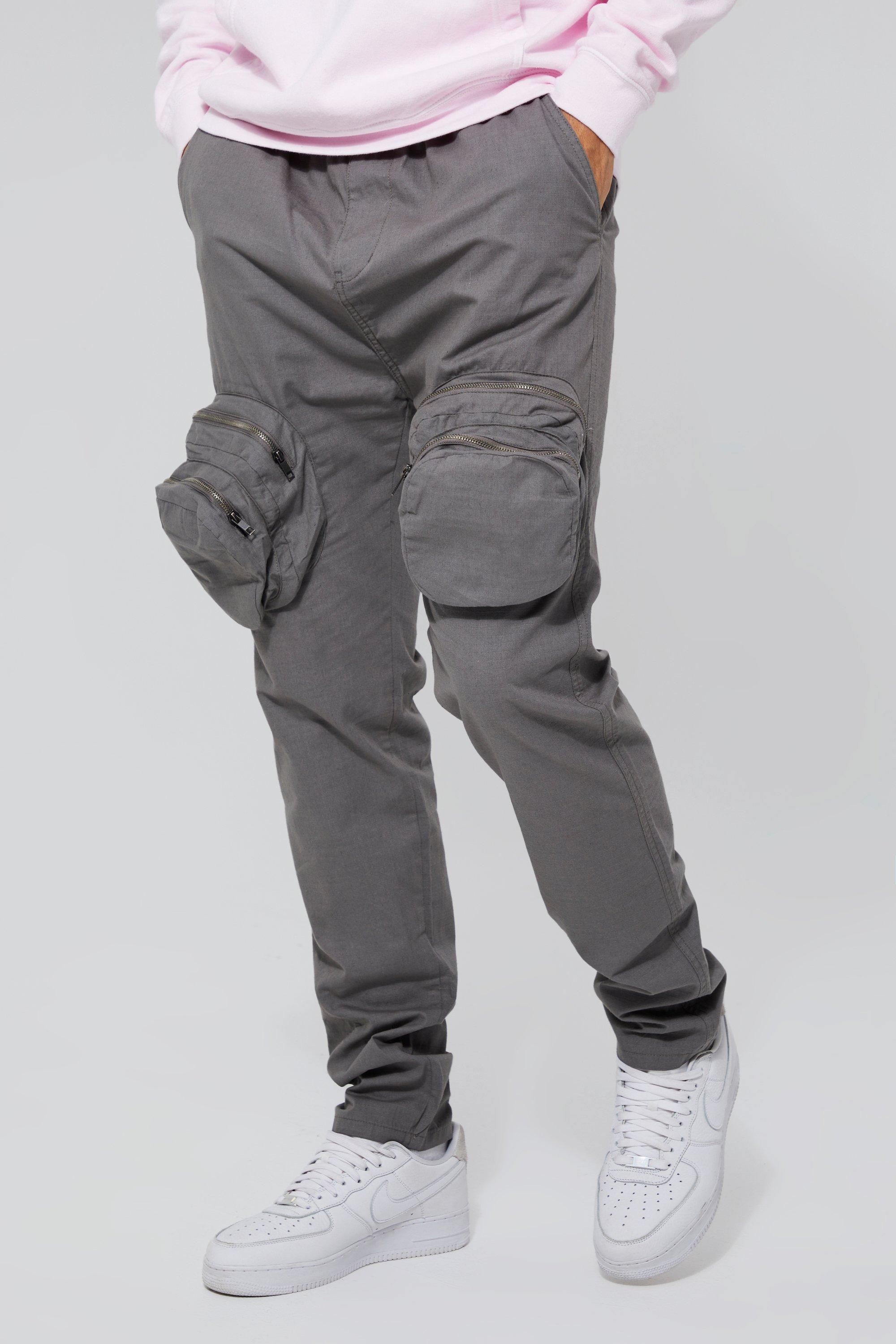 Mens Grey Tall Slim Fit Smart 3d Zip Cargo Trouser, Grey